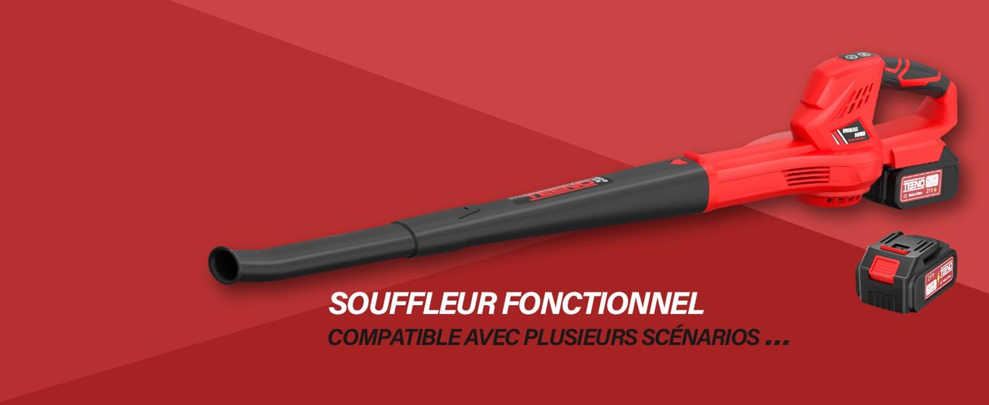TEENO Souffleur de Feuilles Rechargeable, 21 V, 4,0 Ah, 6 Modes de Vitesse, Vitesse du Vent jusqu'à 210 km/h, Tuyau de soufflage Amovible