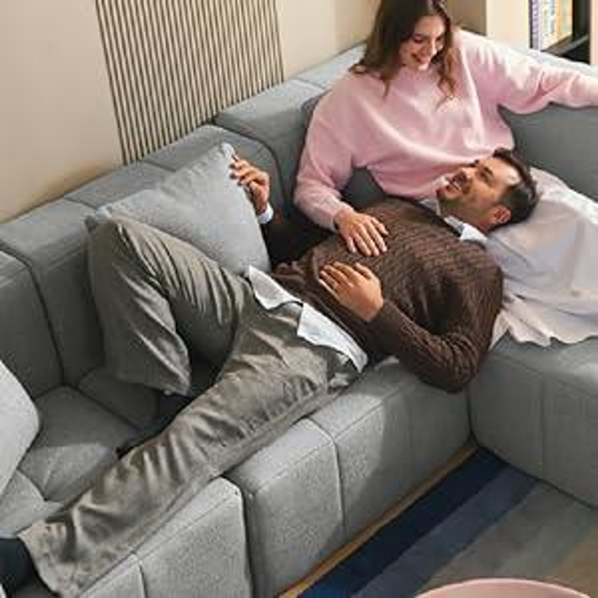 MILYSOFA SOFATIME: divano ad angolo modulare a 3 posti con chaise longue, raffinato tessuto bouclé, blu intenso