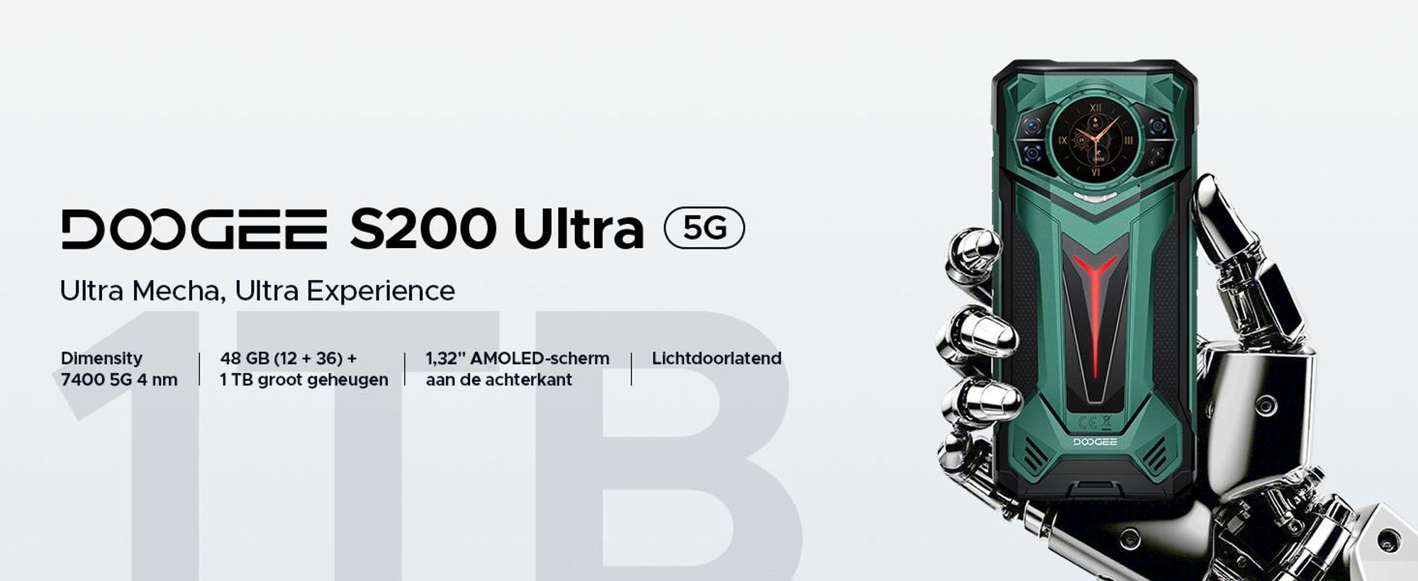 DOOGEE S200 Ultra robuuste smartphone, 5G, IP68/IP69K, 6,72" 120Hz, 1,32" AMOLED-scherm, 11000mAh batterij, 66W opladen, 48GB+1TB opslag, 100MP camera