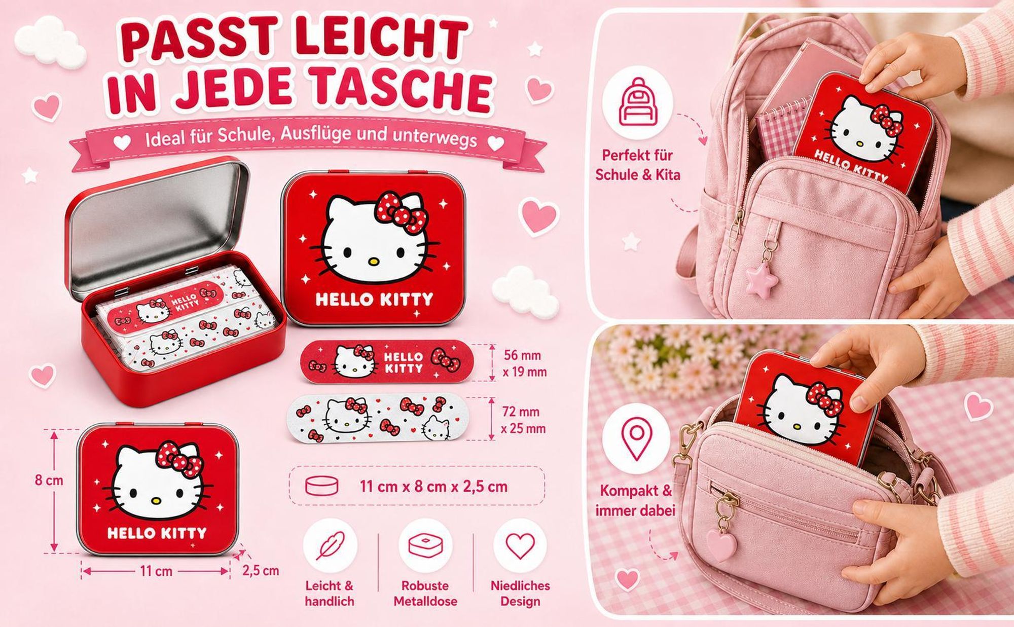 Hello Kitty Rot Kinderpflaster Lizensiertes Produkt - Metall-Box - 24 Pflaster - Schönes Design Pflaster Aufbewahrungsbox für Kinder - 1 Box