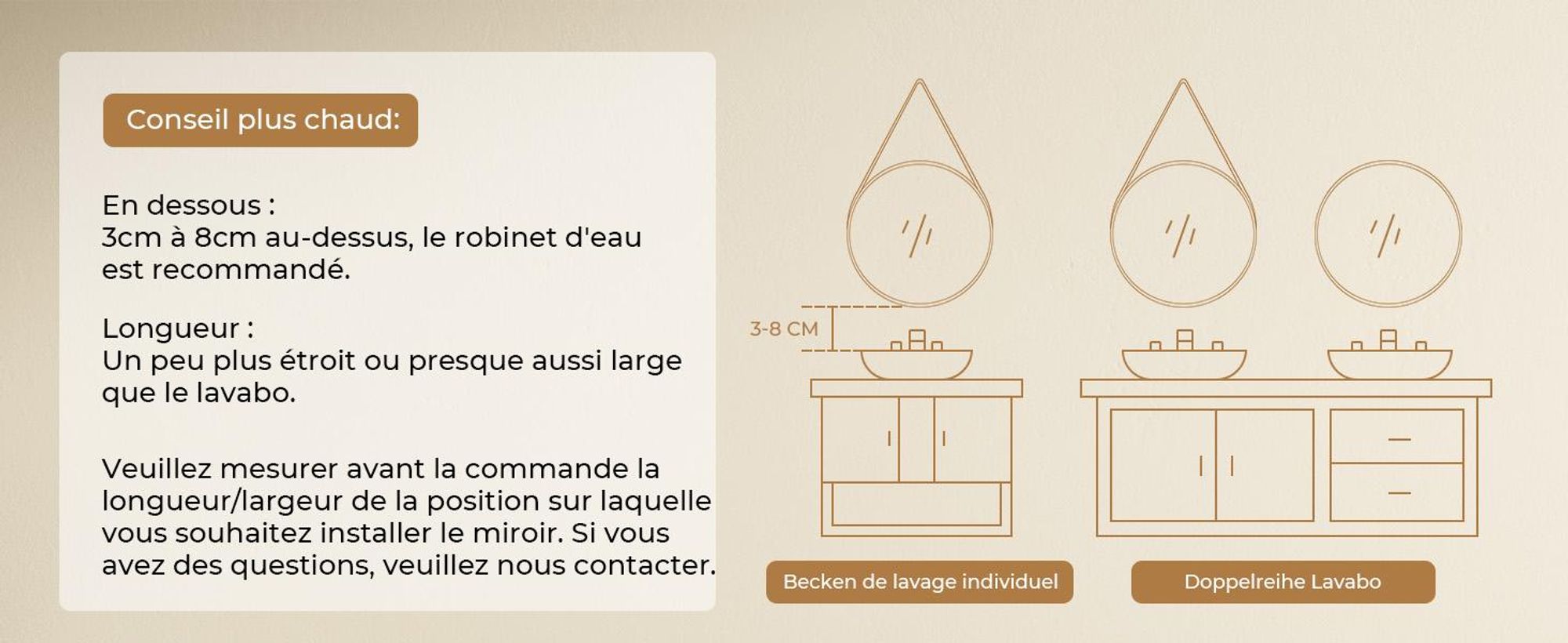 S'AFIELINA miroir de salle de bain 60cm avec éclairage rond miroir de salle de bain LED tactile et lumière blanche froide cadre noir ceinture en cuir réglable