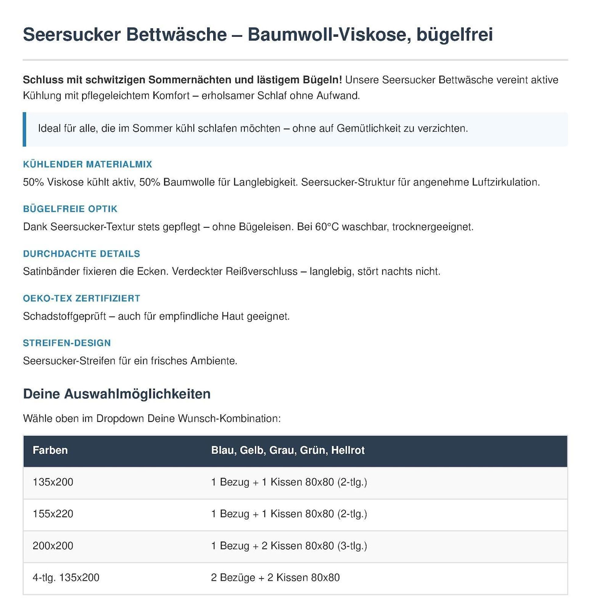 Blumtal Premium Seersucker Bettwäsche 200x200 + 2x 80x80 cm -  Viskose-Baumwoll-Mix 50/50 Sommerbettwäsche kühlend