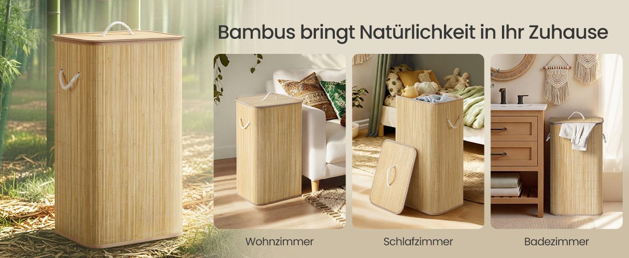 SONGMICS Wäschekorb mit Deckel, 90 L, Wäschesammler Bambus, rechteckig, Wäschebox mit Griffen, faltbar