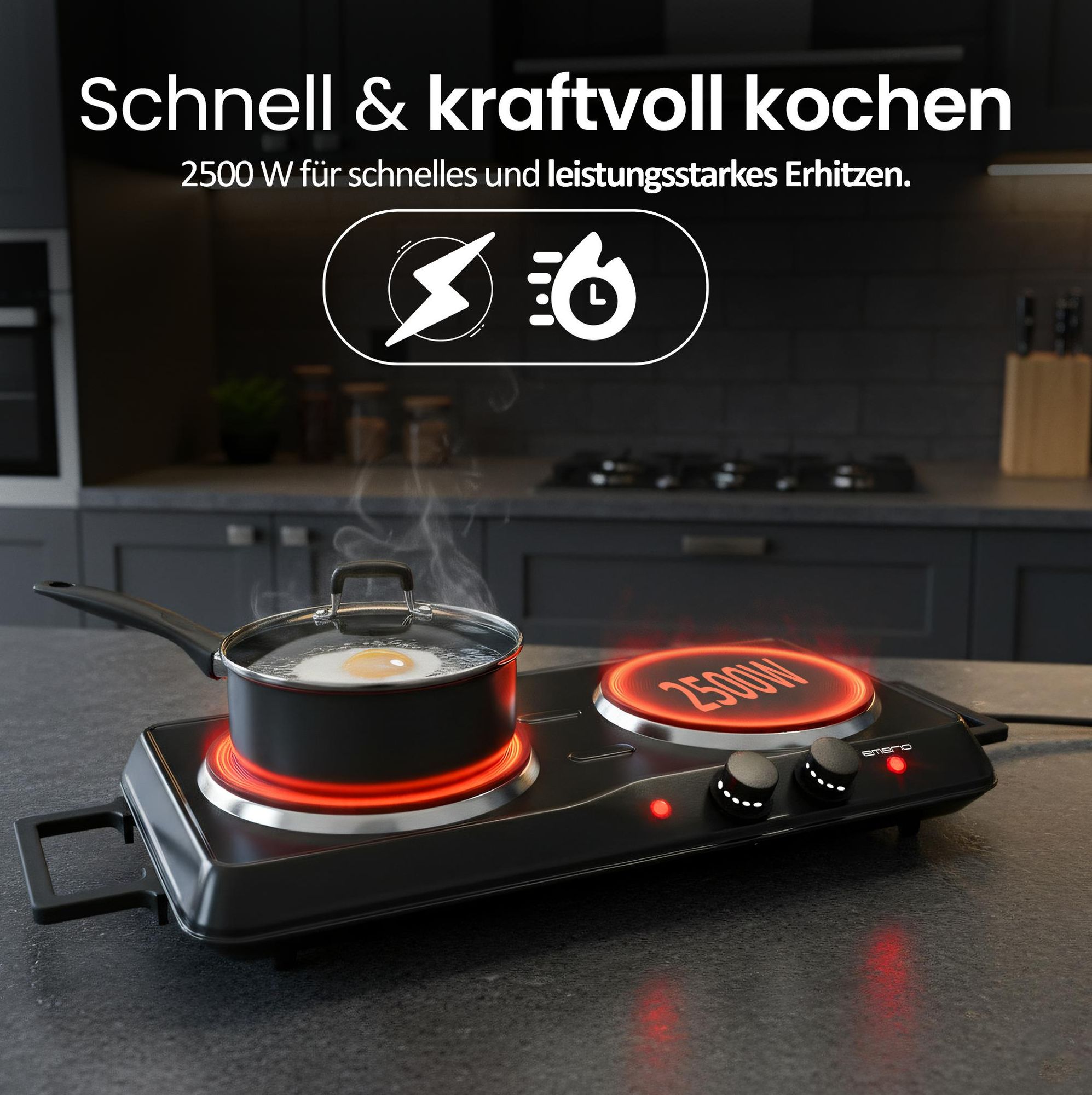 Emerio Elektrische Kochplatte – 2 Kochfelder – 2500 W – einstellbarer Thermostat – Kontrollleuchte – Ø 15,5 cm + 18,5 cm – HP-114482.7 – Schwarz