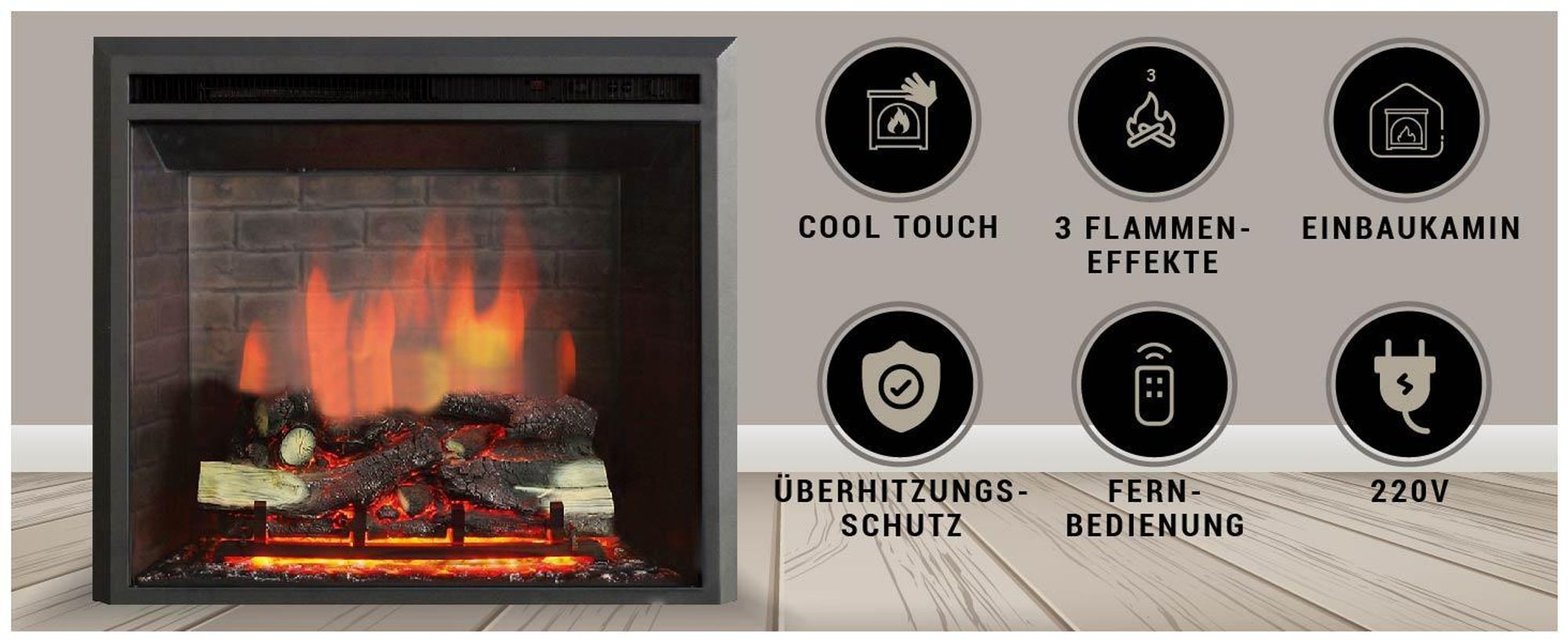 Elektrokamin Einbaukamin BALDERIA Calida 26 – Heizung bis 2000 W, schwarz