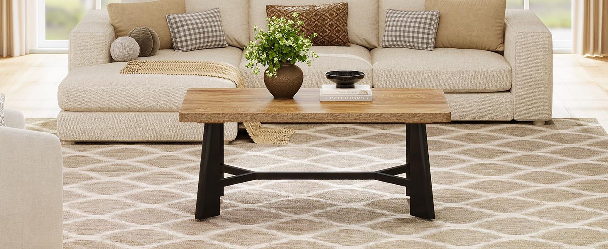 Tribesigns Rechteckiger Couchtisch, 120 cm Wohnzimmertisch, Landhaus-Industrie-Stil Sofatisch, Mitteltisch für das Wohnzimmer