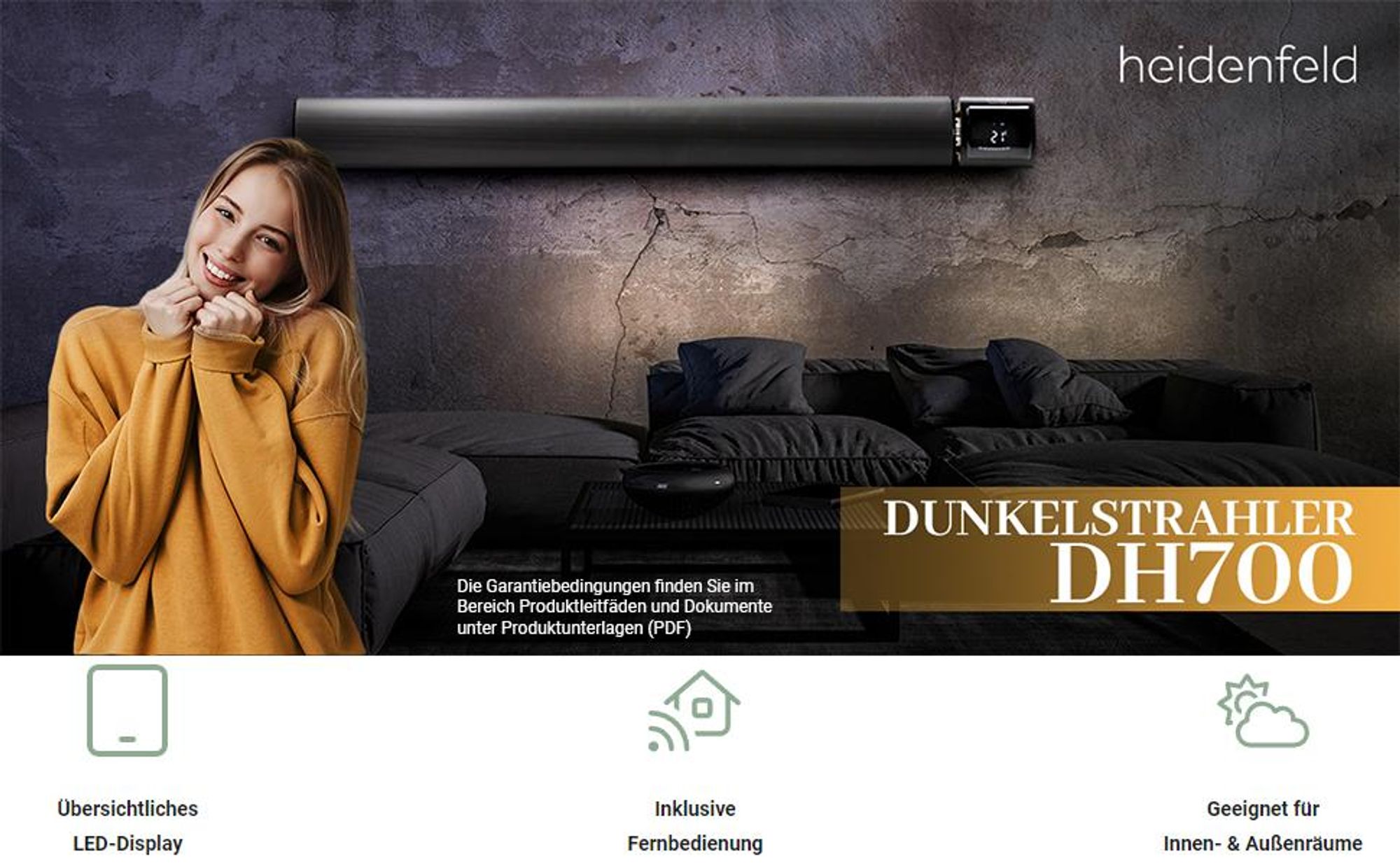 Heidenfeld Dunkelstrahler Inferno DH700 | 3200 Watt - App & WiFi - Fernbedienung - Balkon Heizung - In- & Outdoor - Infrarot Strahler - Bis 20m²
