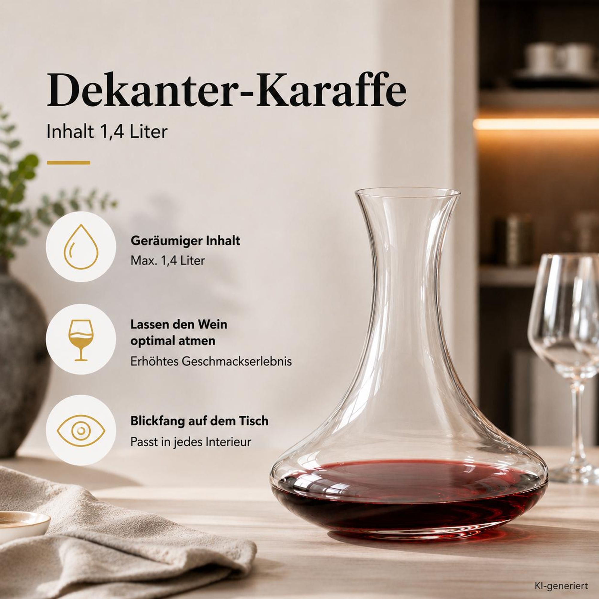 Weindekanter 1,4 L aus Glas – Weinkaraffe für Rotwein – Dekantierkaraffe, Glaskaraffe mit breitem Boden – 22 cm hoch, Ø 18 cm – Karaffe für Wein