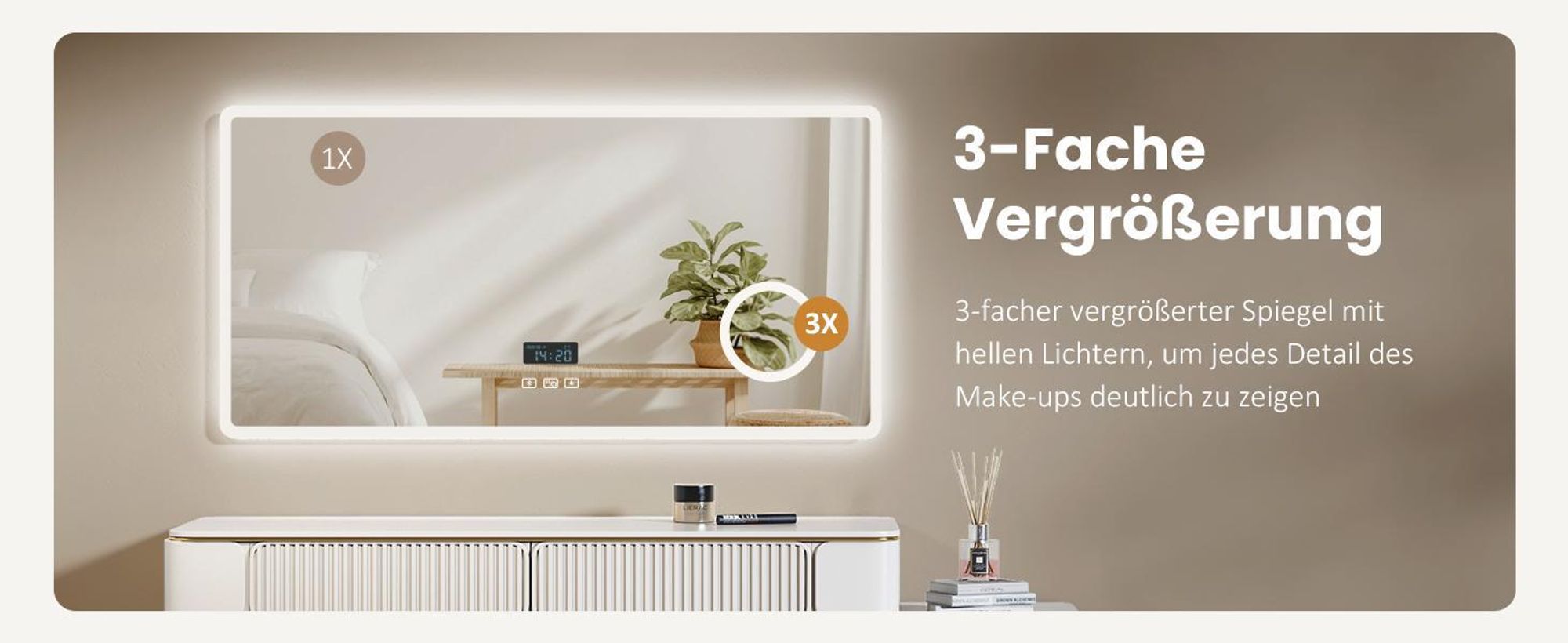 EMKE Badspiegel mit 3X Vergrößerung Touchschalter 3 Lichtfarben Dimmbar Antibeschlag Uhr Bluetooth 80X60cm
