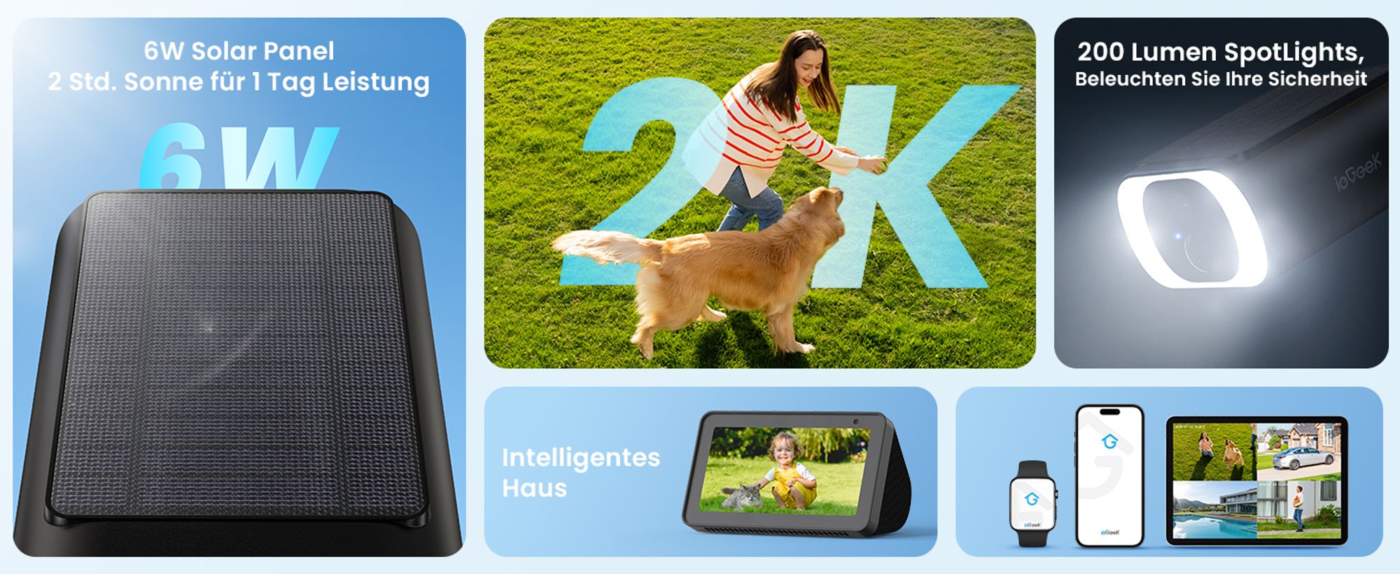 ieGeek 2K Überwachungskamera Aussen Akku, 2.4Ghz WLAN Kamera Überwachung Aussen, Built-In Solarpanel, Farbnachtsicht, PIR-Bewegungserkennung, Alexa