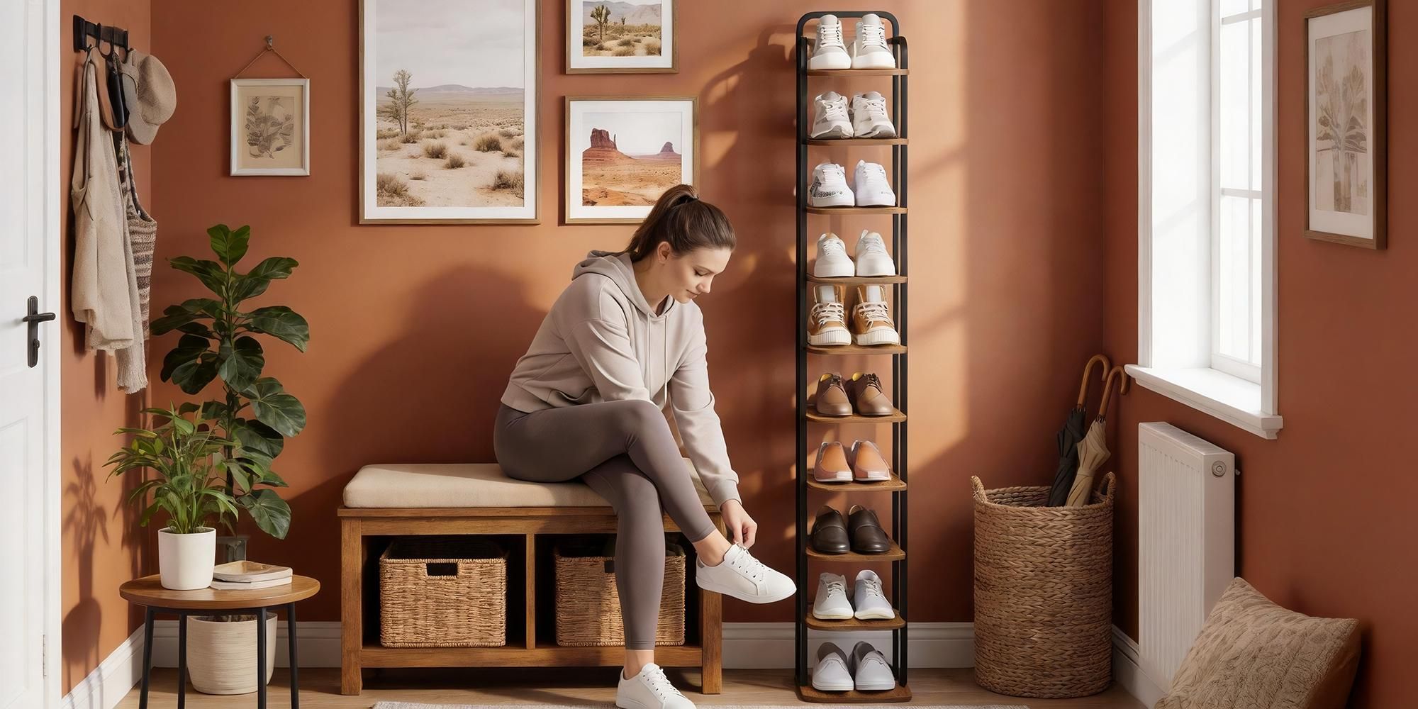 Vertikales Schuhregal, 10-Stöckig, Platzsparend, Braun und Schwarz | Schuhturm für Kleine Räume, Freistehend, Verstellbar