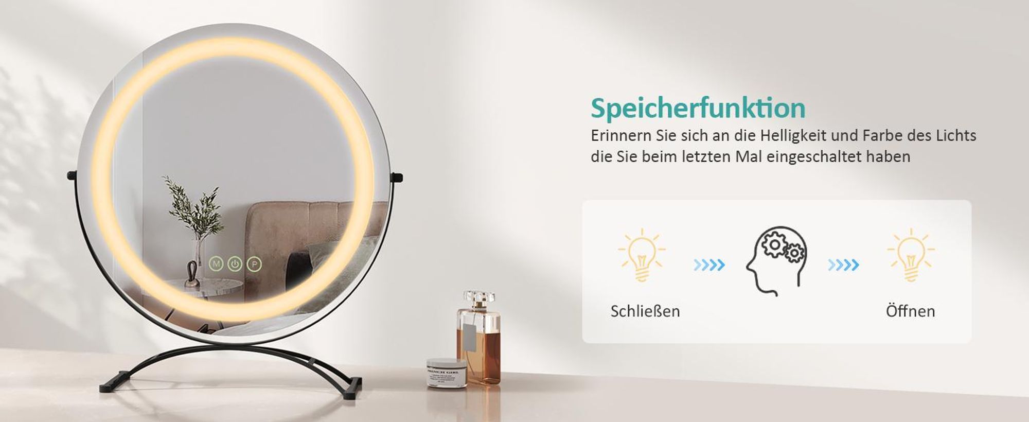 EMKE Schminkspiegel mit Beleuchtung, Hollywood Spiegel mit 3 Lichtfarben, Smart-Touch-Steuerung Schminktisch Spiegel mit Licht 360° drehbar, Einstellbare Helligkeit und Memory-Funktion (Φ400mm, Schwarz)