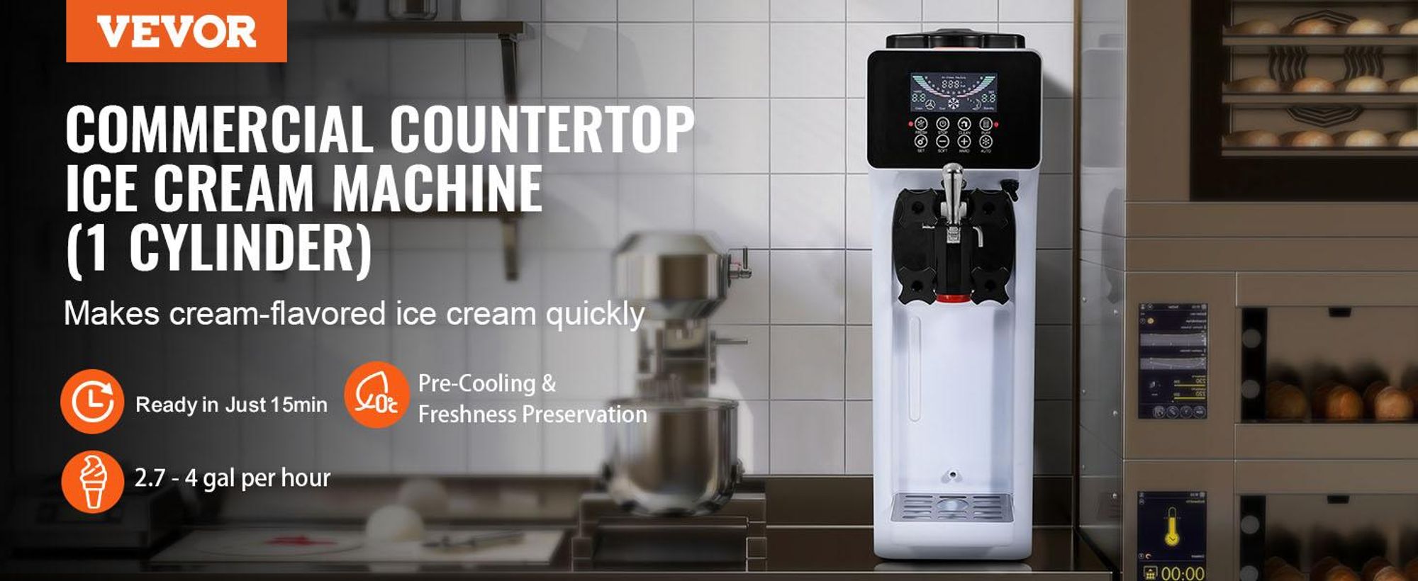 VEVOR Kommerzielle Eiscreme-Maschine, 10 L/h Leistung, 900 W, Softeismaschine für eine Geschmacksrichtung, auf der Arbeitsplatte, mit 4 L Trichter, 1,6 L Zylinder, LCD-Bildschirm, Vorkühlung
