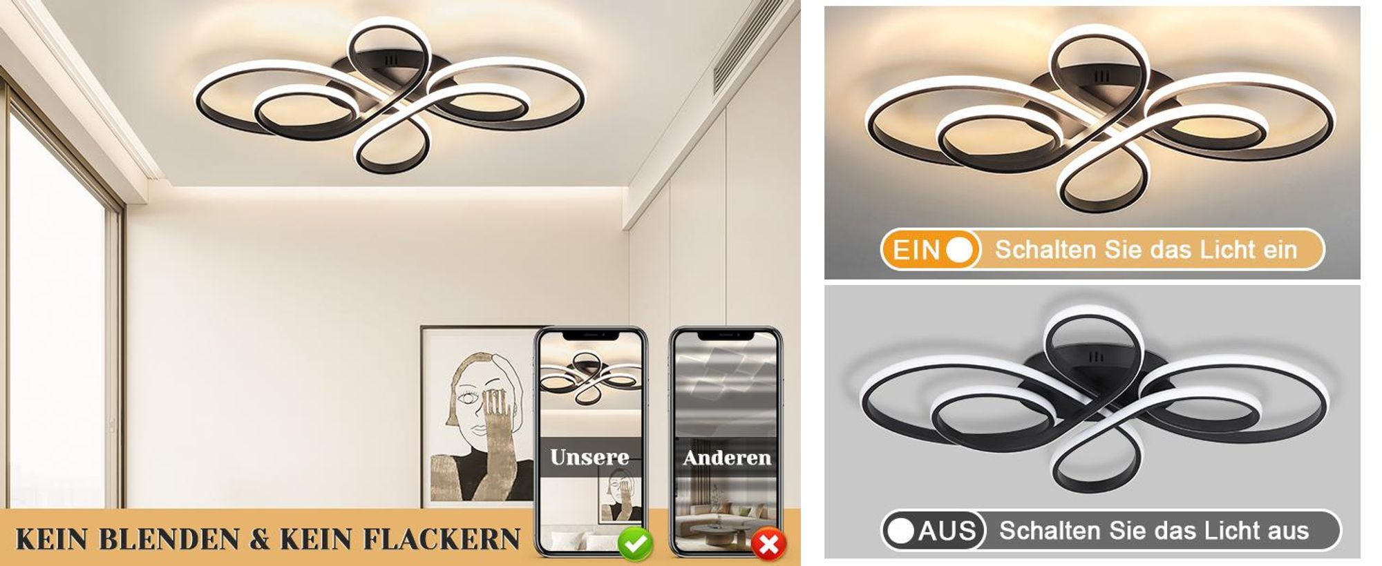 ZMH LED Deckenleuchte Schwarz Deckenlampe Dimmbar mit Fernbedienung 90W 100CM Moderne Kreative Lampe für Wohnzimmer Schlafzimmer Esszimmer Büro Küche