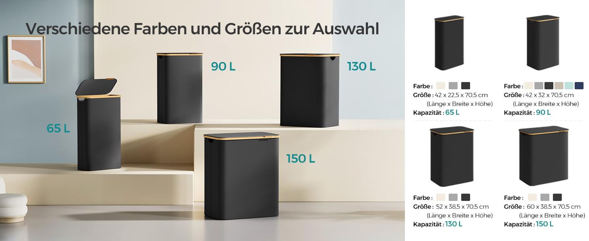 SONGMICS Wäschekorb mit Deckel, 3 Fächern, 150 L, herausnehmbarer Wäschesack, Griffe aus Bambus