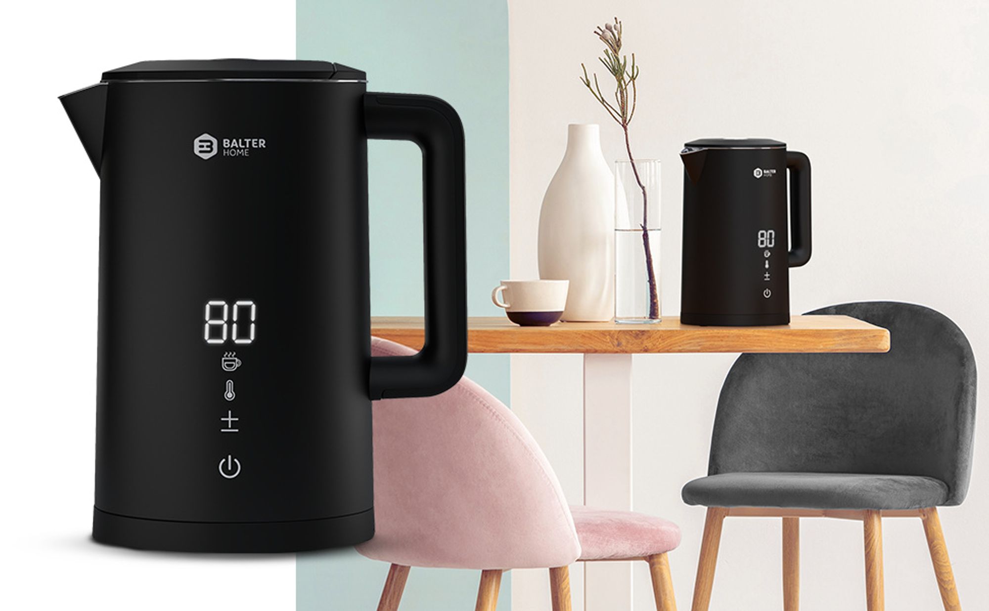 Balter Wasserkocher Edelstahl mit Temperatureinstellung 1,5L, 2200W, BPA-frei, LED-Display, Temperaturwahl 40°C-100°C, Abschaltautomatik, Schwarz