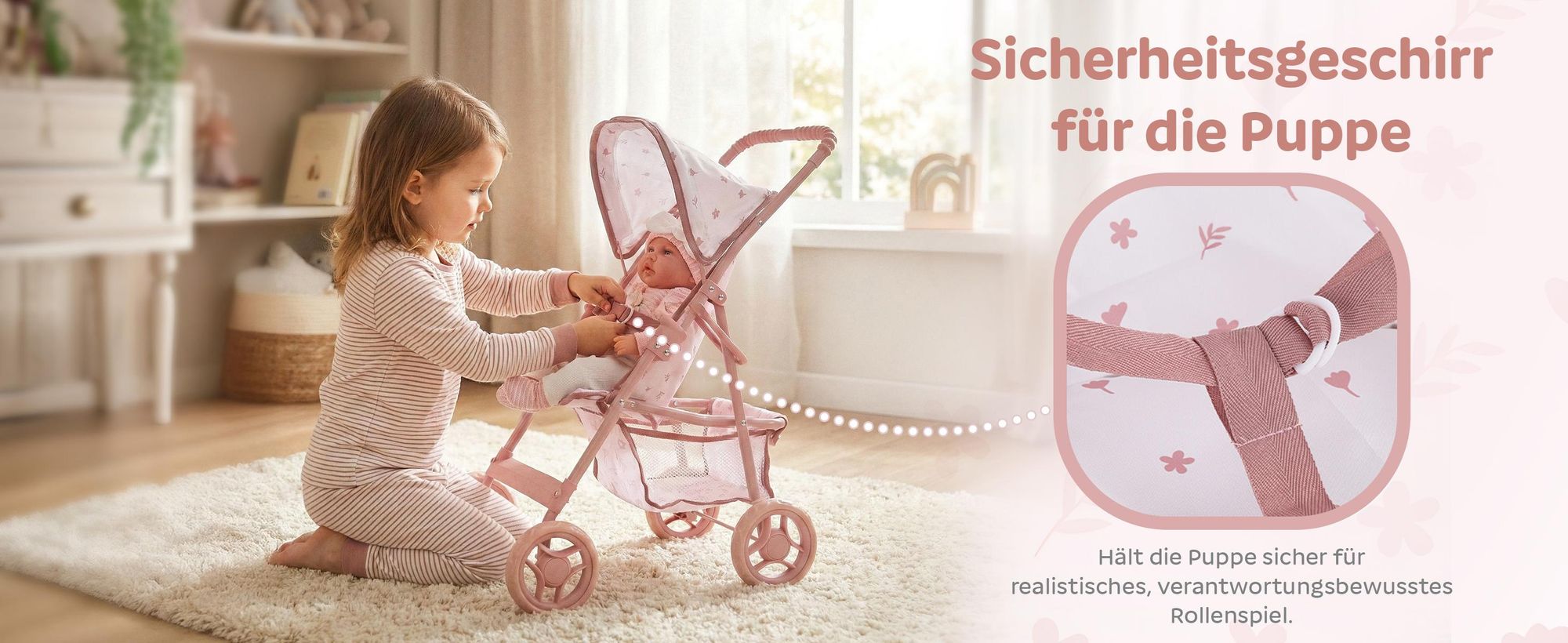 Puppenbuggy klappbar – leichter Puppenwagen mit EVA-Rädern und Zubehörkorb – Rollenspiel für Kinder ab 3 Jahren