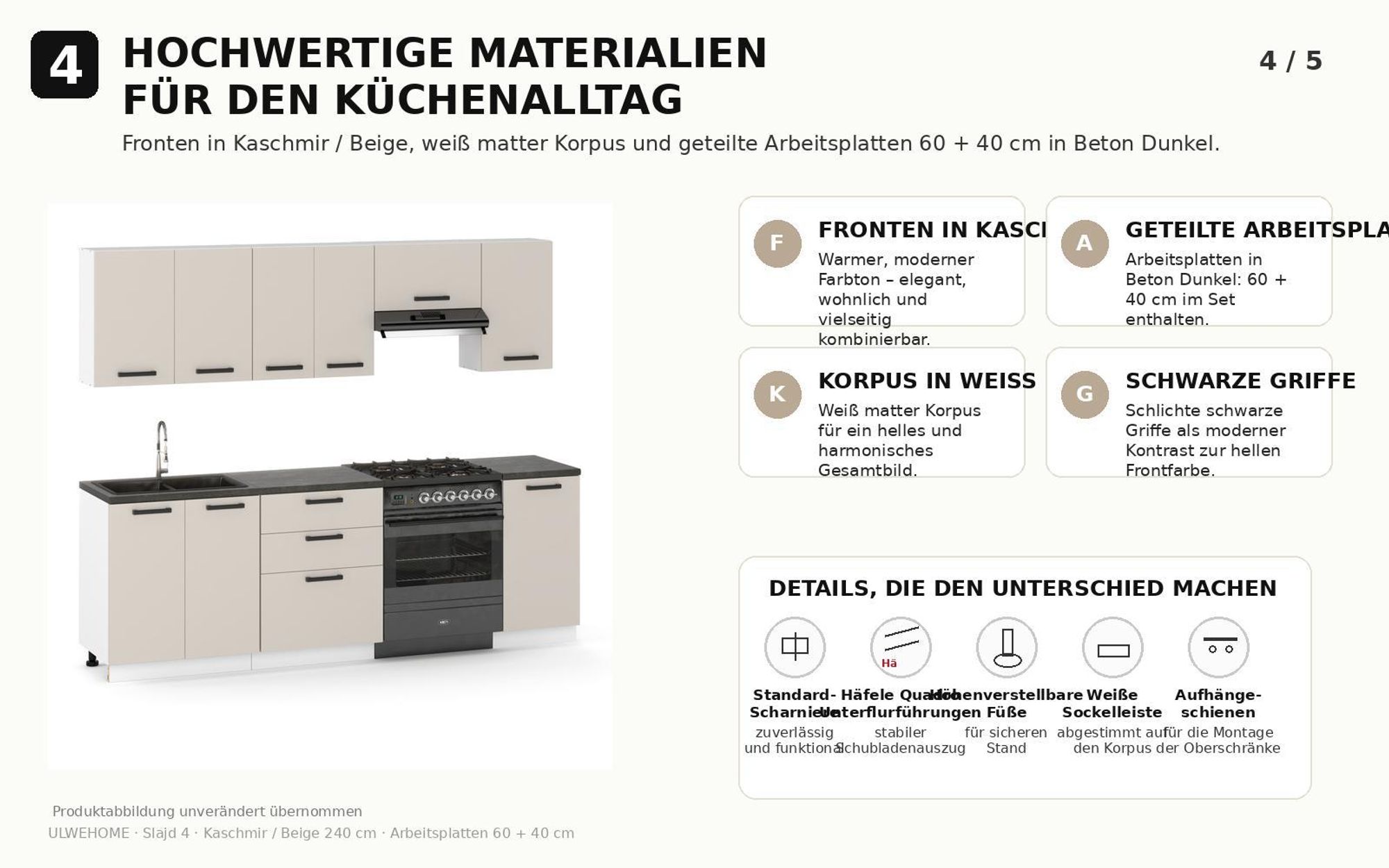 Materialdetails mit Kaschmir-Beige Fronten, weißem Korpus und schwarzen Griffen.