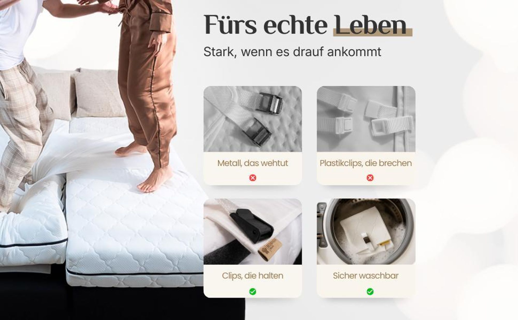 Matratzenverbinder mit haltbaren Clips, Matratzengurt statt Metall oder Plastik, waschbar