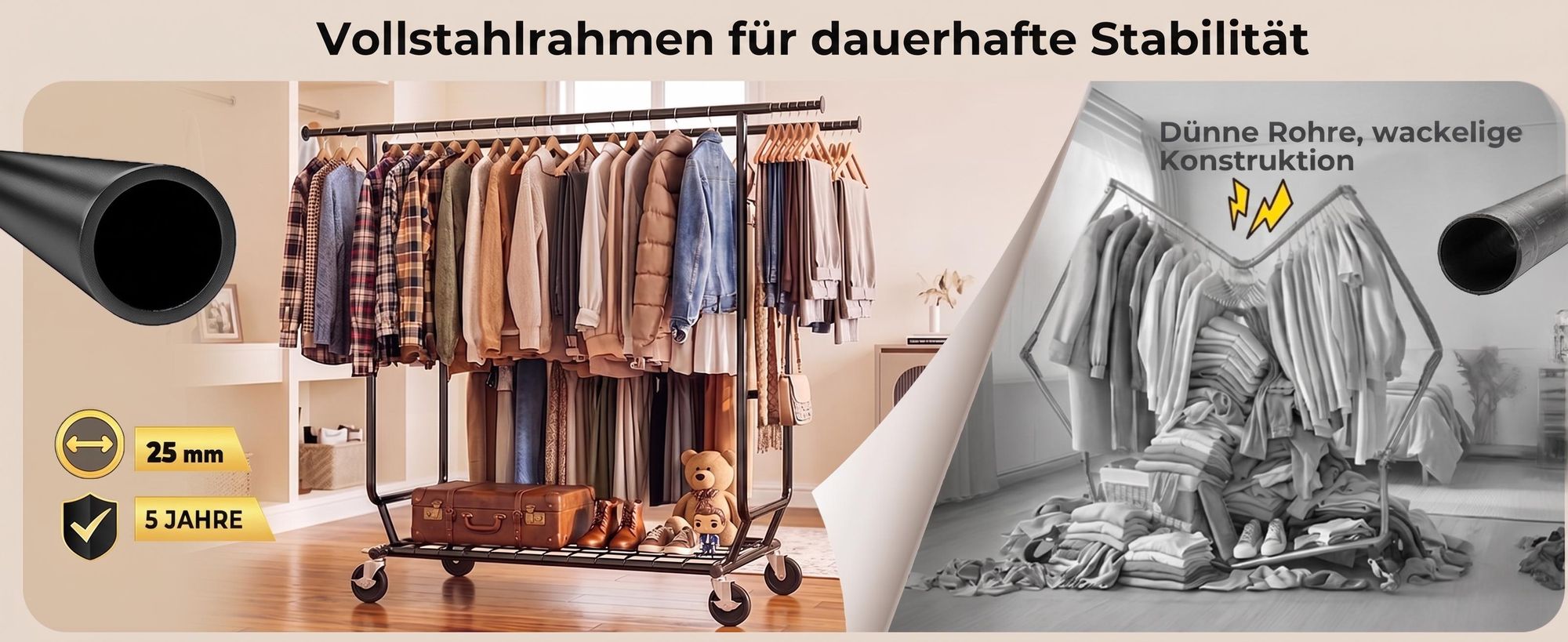HOKEEPER Schwerlast Kleiderständer auf Rollen, Doppelter Kleiderstange,bis 283 kg belastbar (D002K)