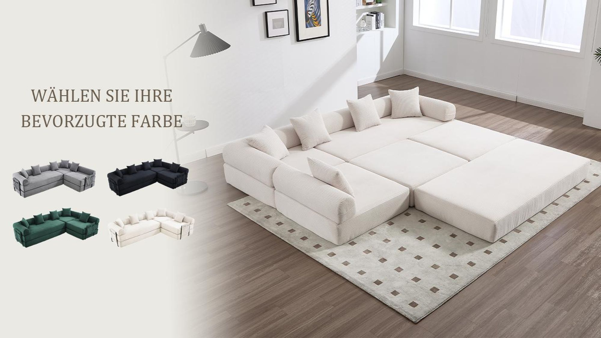 LVHOM Modulares Schlafsofa aus Cordstoff, 7 in 1 Klappbares Polstersofa, Tagesbett ohne Montage, Bodensofa mit Seitentaschen, Emerald