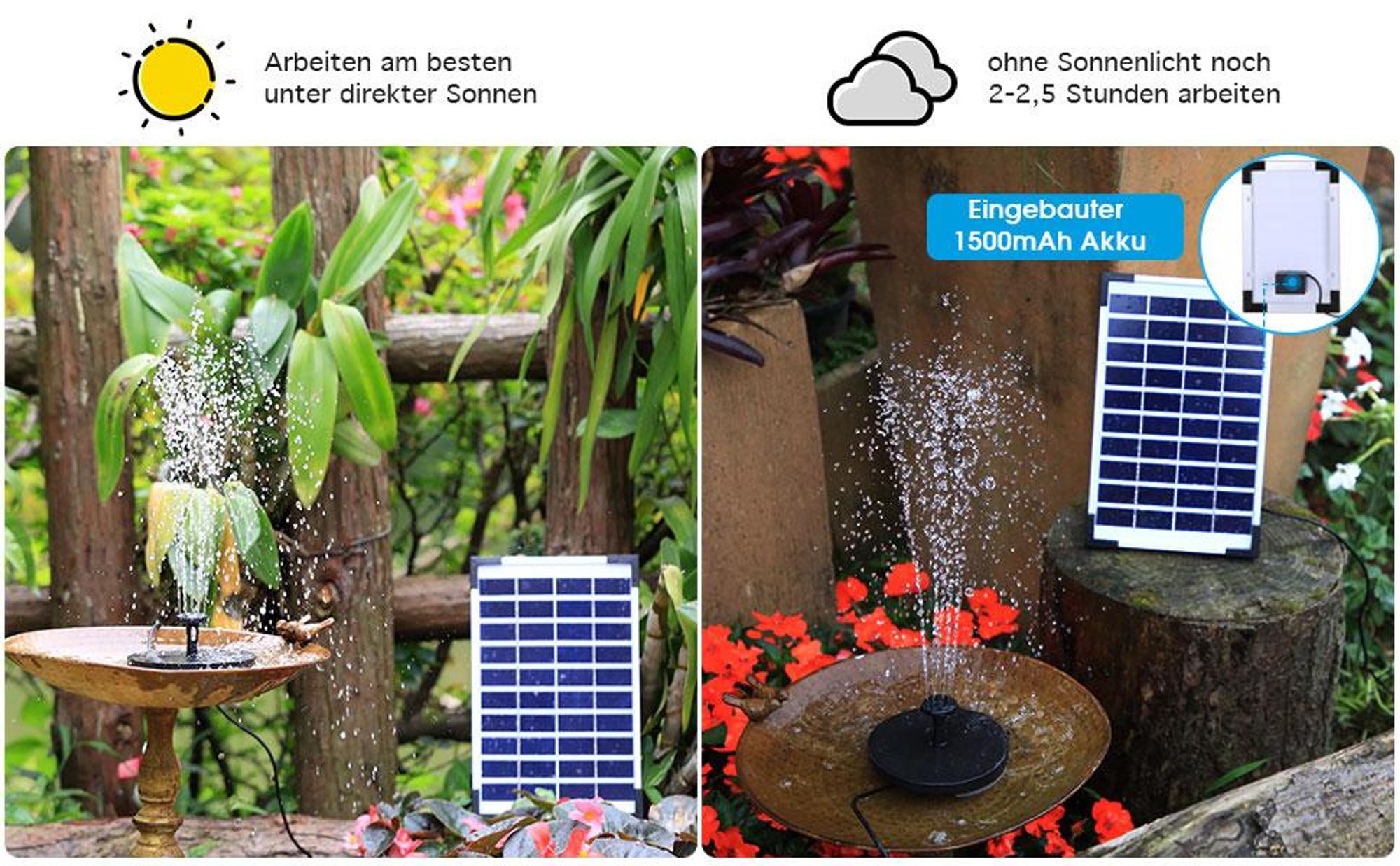 Solar Springbrunnen, Gartenbrunnen, Solarbrunnen, Wasserspiel Springbrunnen, 5.5W Solar Pumpe, Teichpumpe, mit 1500mAh Batterie, für Garten, Vogel-Bad