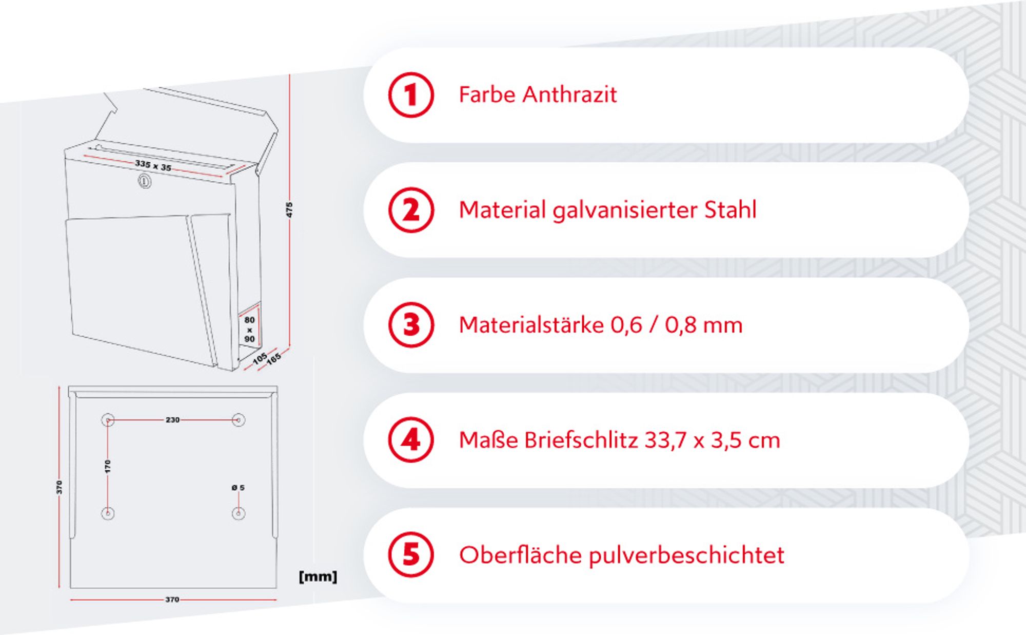 Wiltec Designer Briefkasten V23 anthrazit 370 x 102 x 370 mm, Wandbriefkasten mit Schloss und Zeitungsrolle, Postkasten aus pulverbeschichtetem Stahl