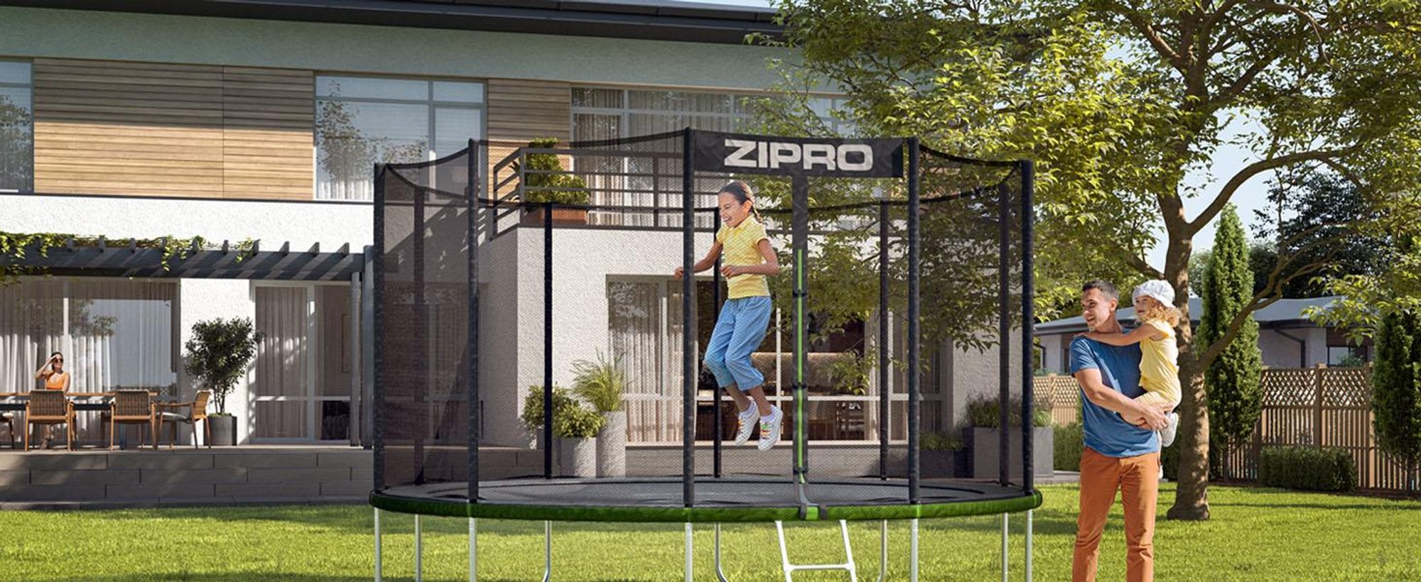 ZIPRO Trampolino Jump Pro Out | 16FT Ø 496 cm | Trampolino da giardino Trampolino per bambini Set completo incl. rete esterna, scaletta e copertura perimetrale, per esterni, verde