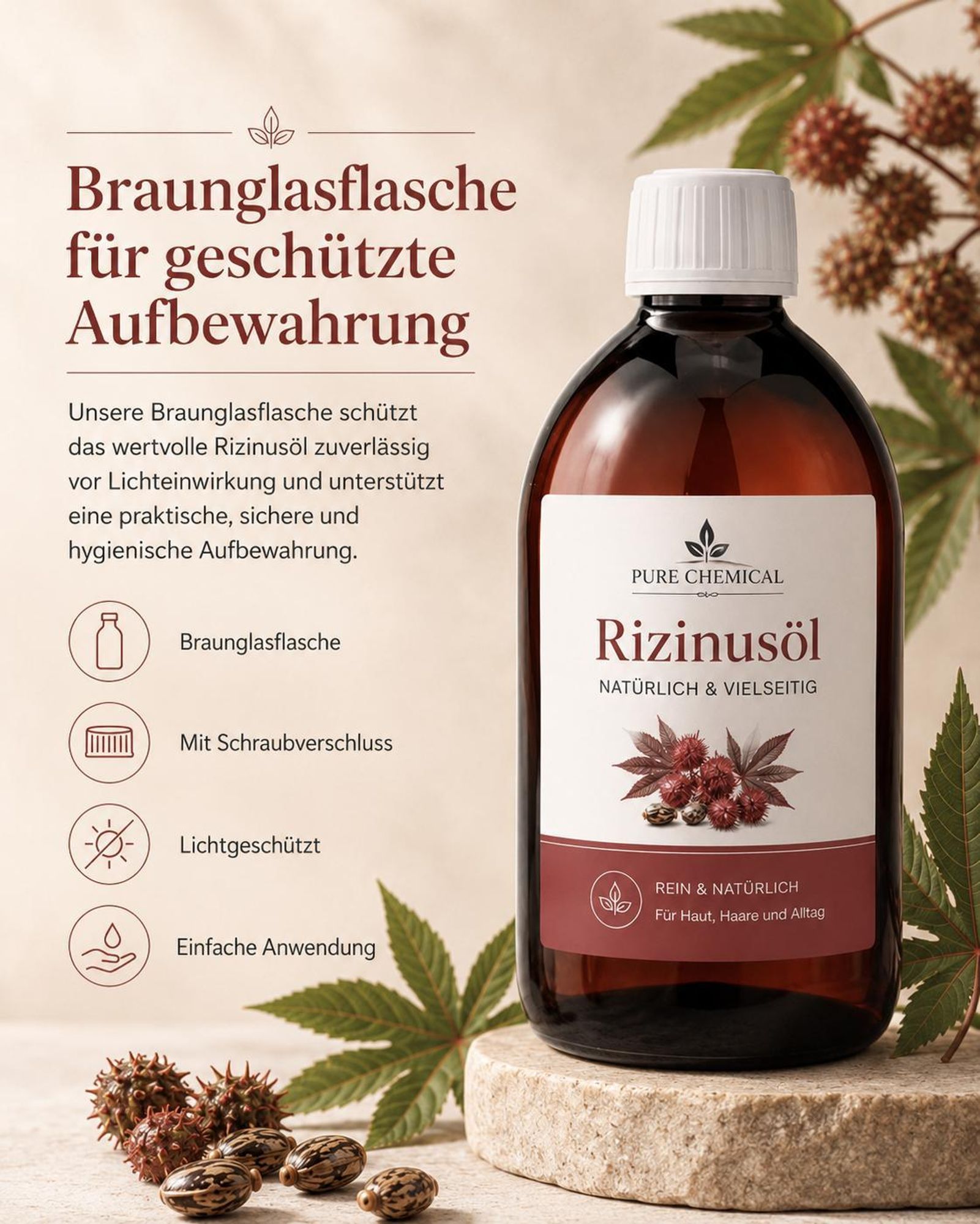 PURE CHEMICAL | Rizinusöl | unraffiniert | kaltgepresst | natürlich aus Indien | 1 L