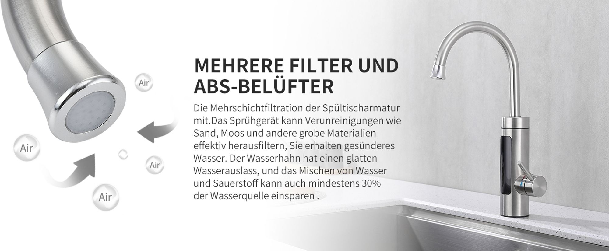 Homelody Elektrische Küchenarmatur mit Wasserfilter, Wasserhahn 360° drehbar mit Durchlauferhitzer, Wasserhahn Trinkwasserfilter LED Temperaturanzeige