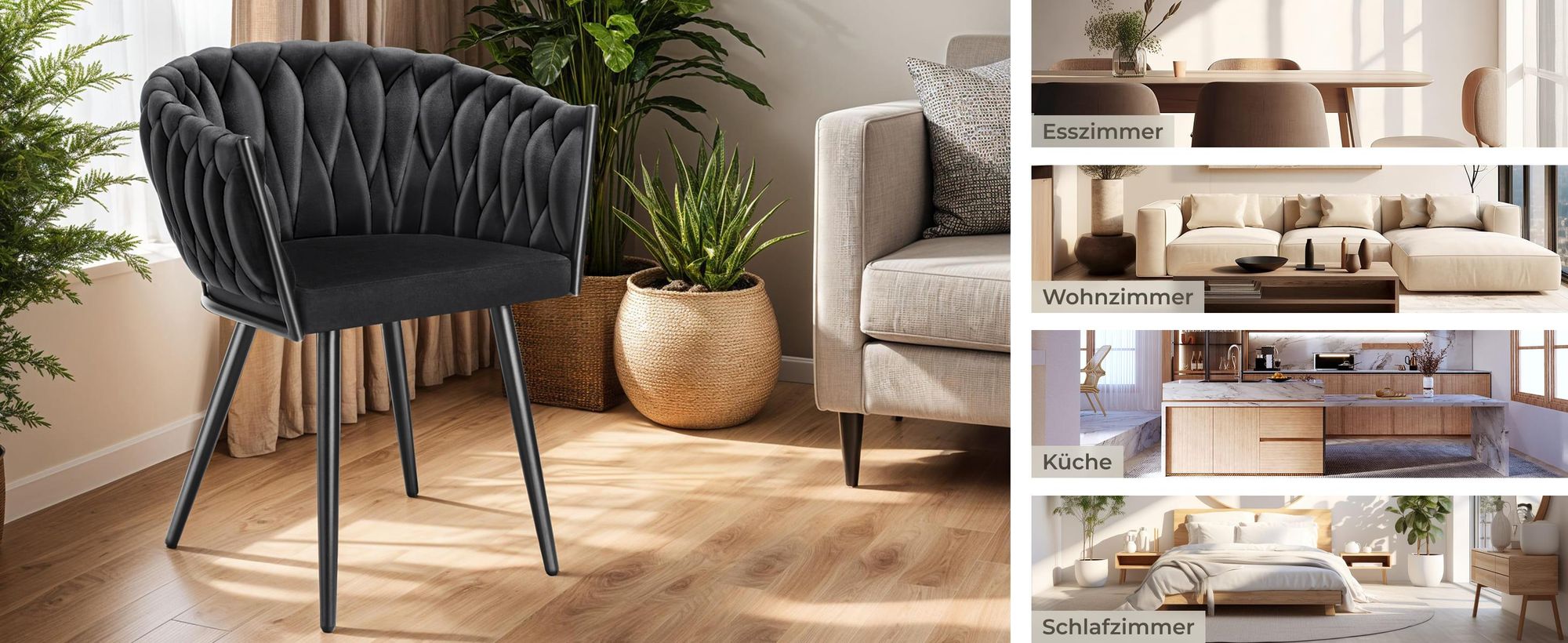 tectake® Set Esszimmerstuhl Astano gepolstert, mit Samtbezug, Knotendesign 60,5 x 55 x 75 cm