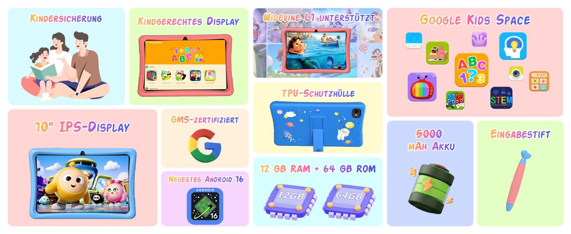 Tabwee K10 Kids 10.1" Blau Tablet, Google Kids Space, 4GB RAM+64GB ROM, Android 15 WiFi Tablet für Kind mit Kindgerechte Hülle und Stift, 5000mAh