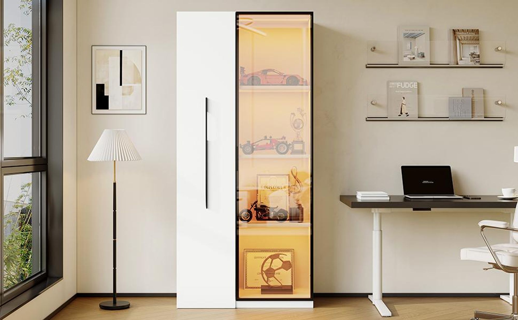 Flieks Glasvitrine Bücherregal mit LED-Beleuchtung 70x40x160 cm, Standschrank Hochschrank mit Glastüren, Sammlervitrine weiß