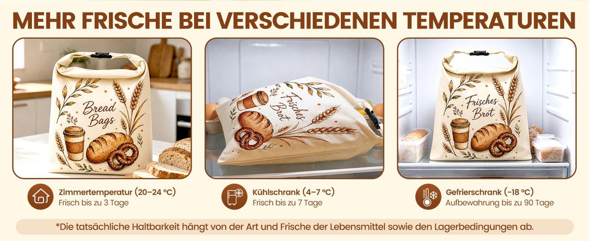 Brotbeutel Bienenwachs 2 Stück, Standboden, Mehrfachdichtung für Frischhaltung 43x32 cm