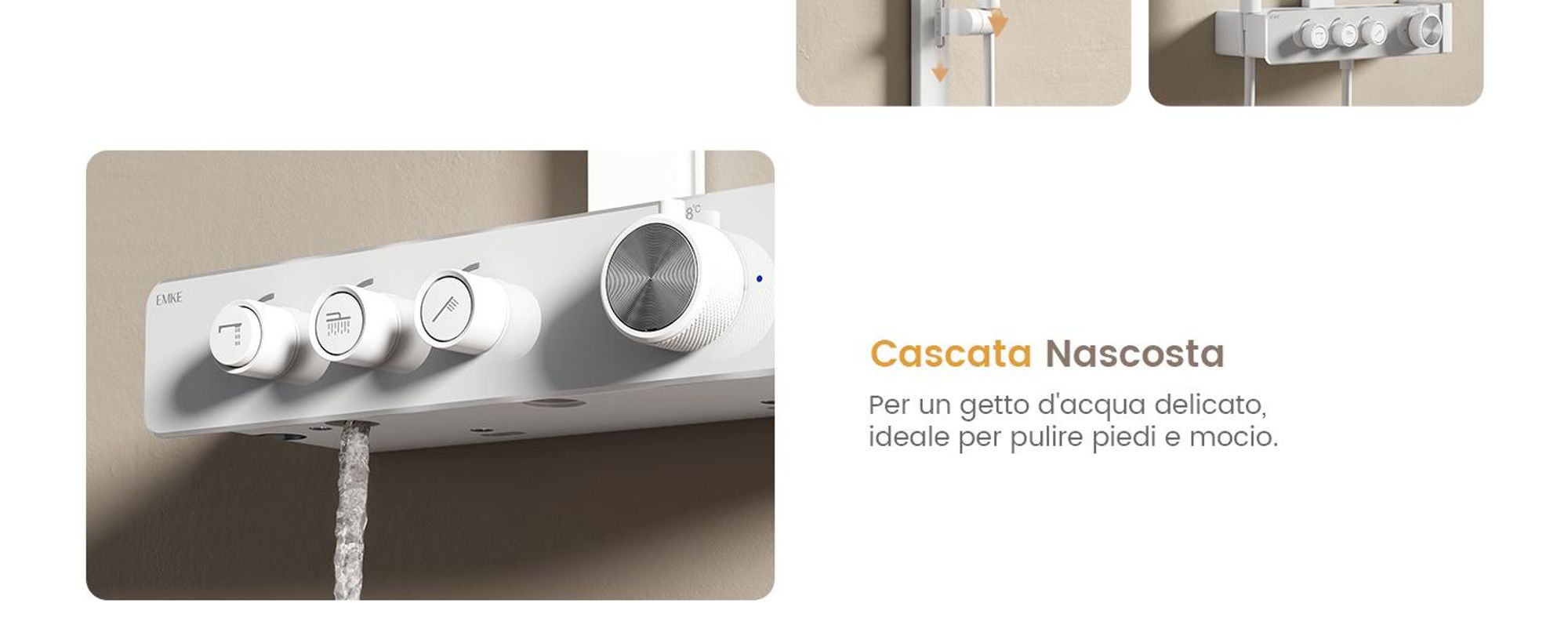 Sistema doccia EMKE con termostato Colonna doccia bianca con doccia a pioggia quadrata 360×240 mm, bocca di erogazione, regolatore di flusso e mensola in vetro F27