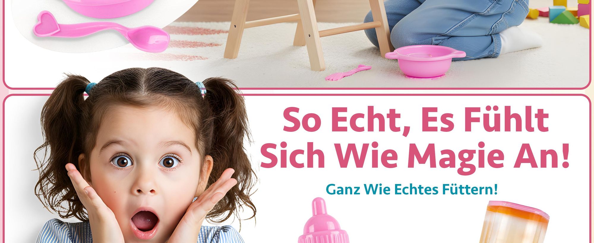 Puppen-Fütterset 8-teilig – mit magischen Fläschchen und Schnuller – realistisches Zubehör für Puppeneltern