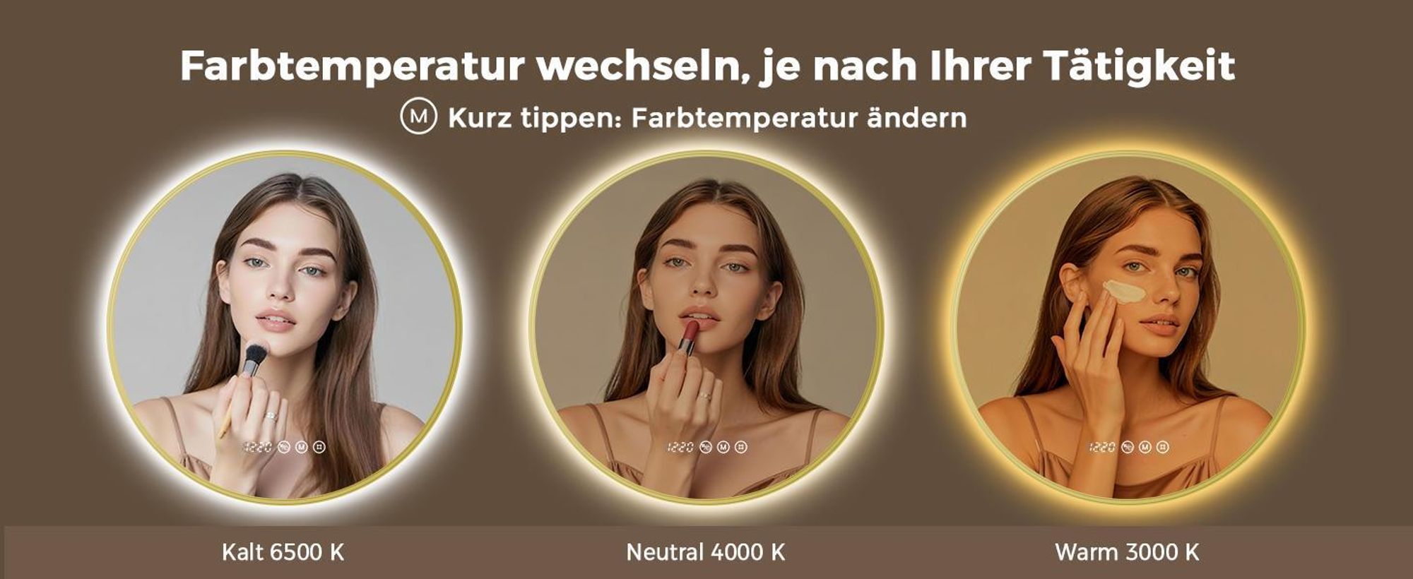 S'AFIELINA LED Badezimmerspiegel Rund Ø70 cm, Goldener Rahmen, 3 Lichtfarben, stufenlos dimmbar, Antibeschlag, Uhr & Temperaturanzeige, Memory