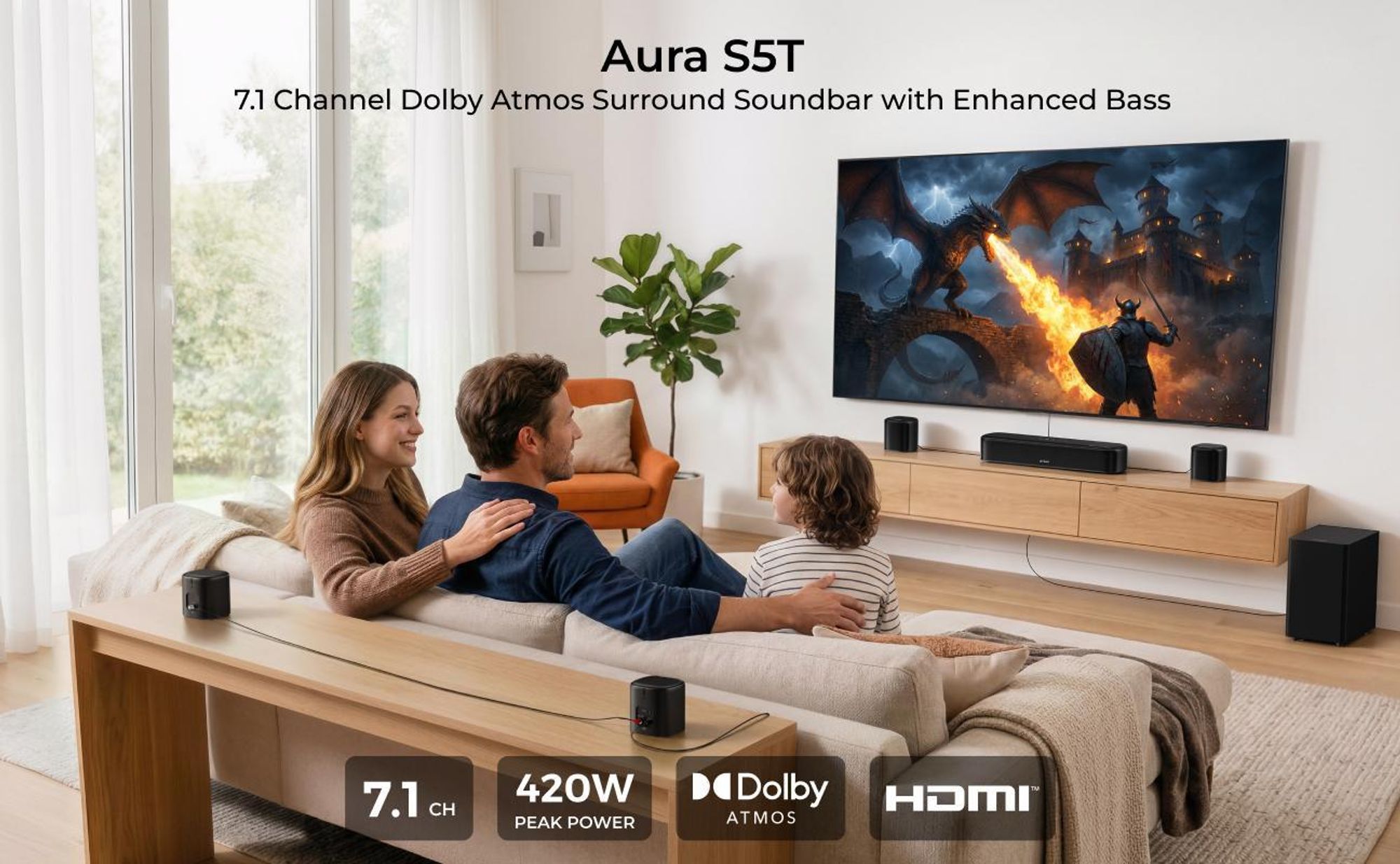 ULTIMEA Aura S5T 7.1kanálový soundbar Dolby Atmos se subwooferem, prostorový zvukový systém, ovládání přes aplikaci, 4 surround reproduktory, 420 W