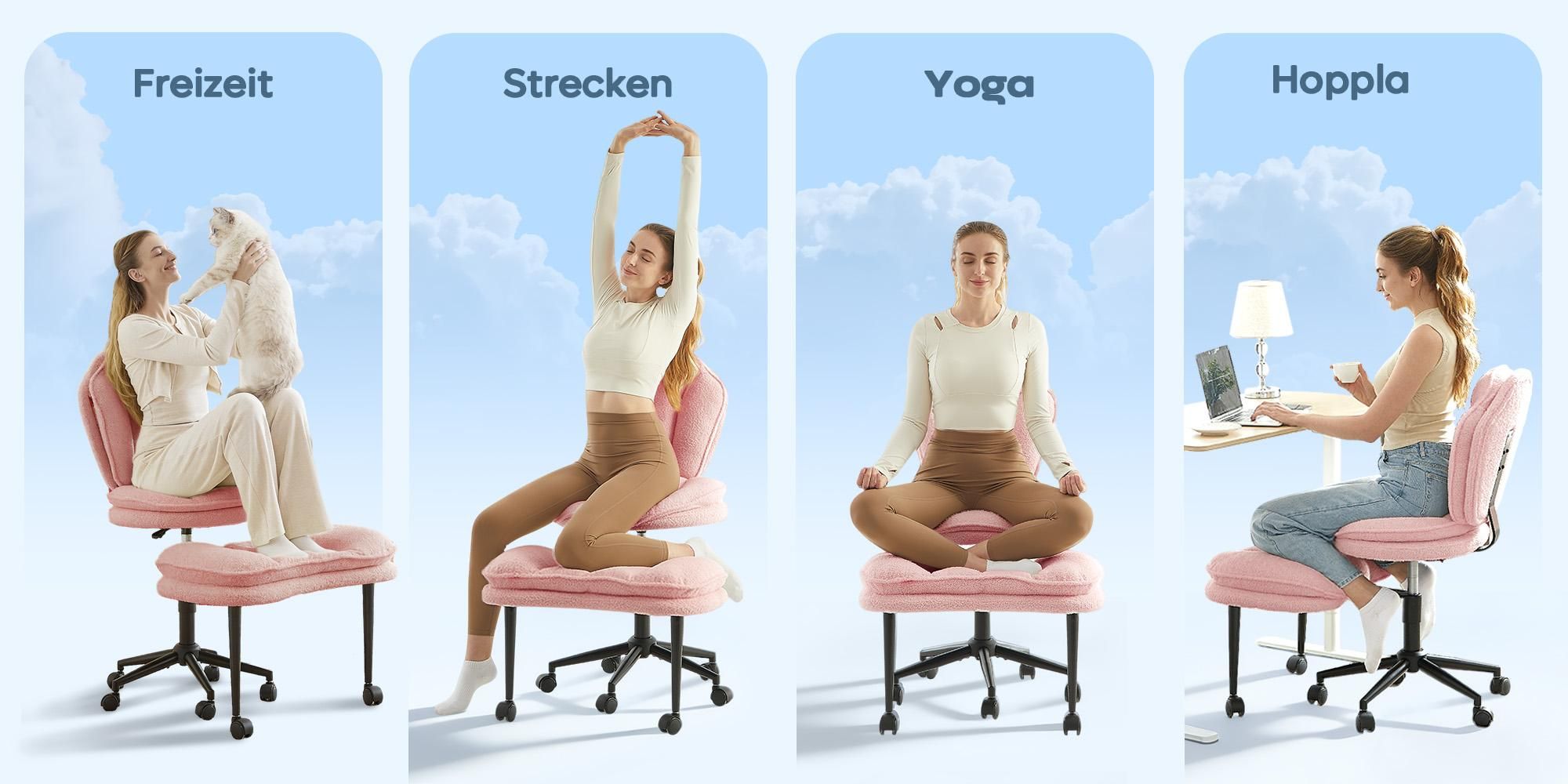 Bürostuhl Ergonomisch, Meditationsstuhl ergonomisch mit Rädern & Lordosenstütze, ADHS-Stuhl, Schreibtischstuhl Computerstuhl Chefsessel, Rosa