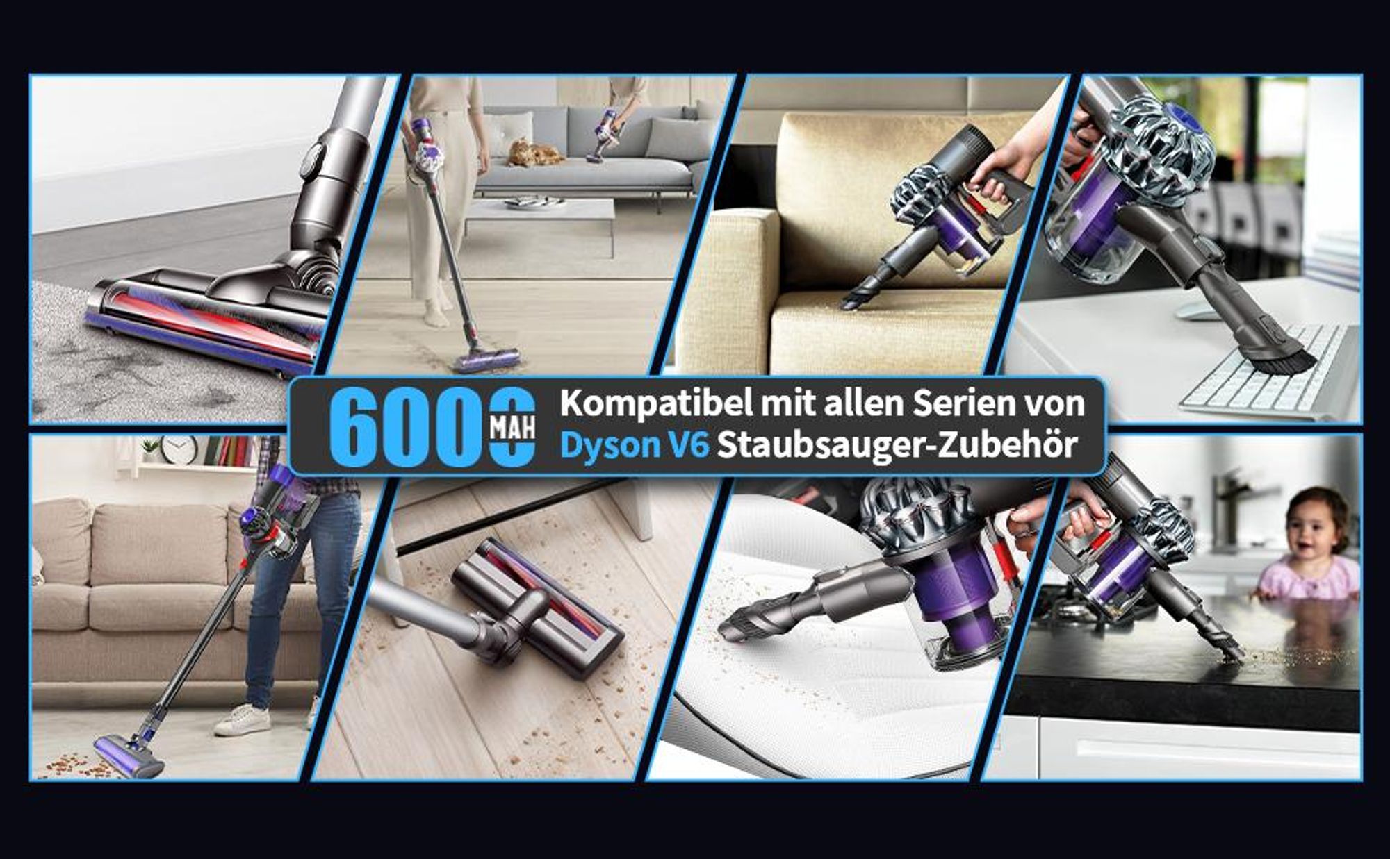 V6 Akku, V6 Ersatzbatterien, Ersatzakku Akku für Dyson V6 Staubsauger, 6000mAh Li-Ionen Batterie für Dyson V6 DC62 SV03 DC58 DC59 DC61 DC72 DC74 SV04