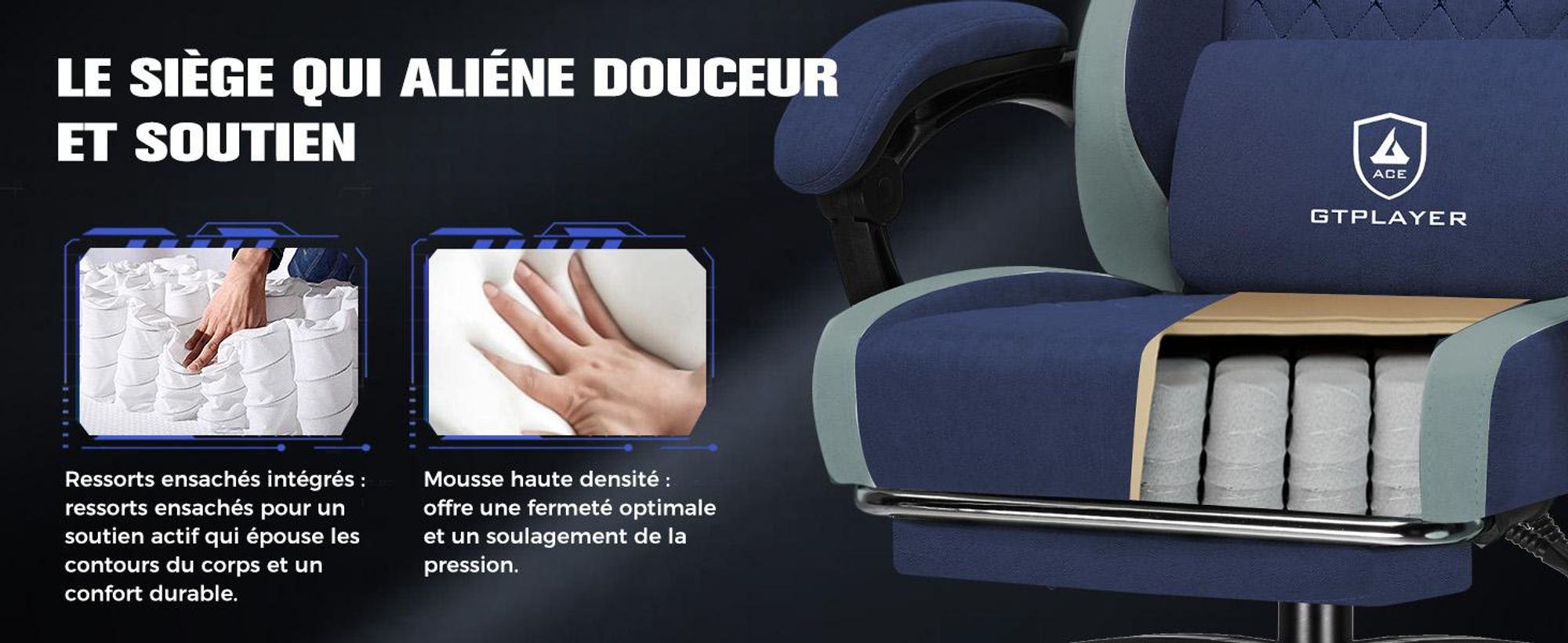 Chaise de jeu GTPLAYER Fauteuil de jeu ergonomique Chaise de bureau PC Gamer Racing Chaise avec surface en tissu, coussin d'assise à ressorts, accoudoirs de liaison, avec repose-pieds pouvant supporter jusqu'à 153 kg