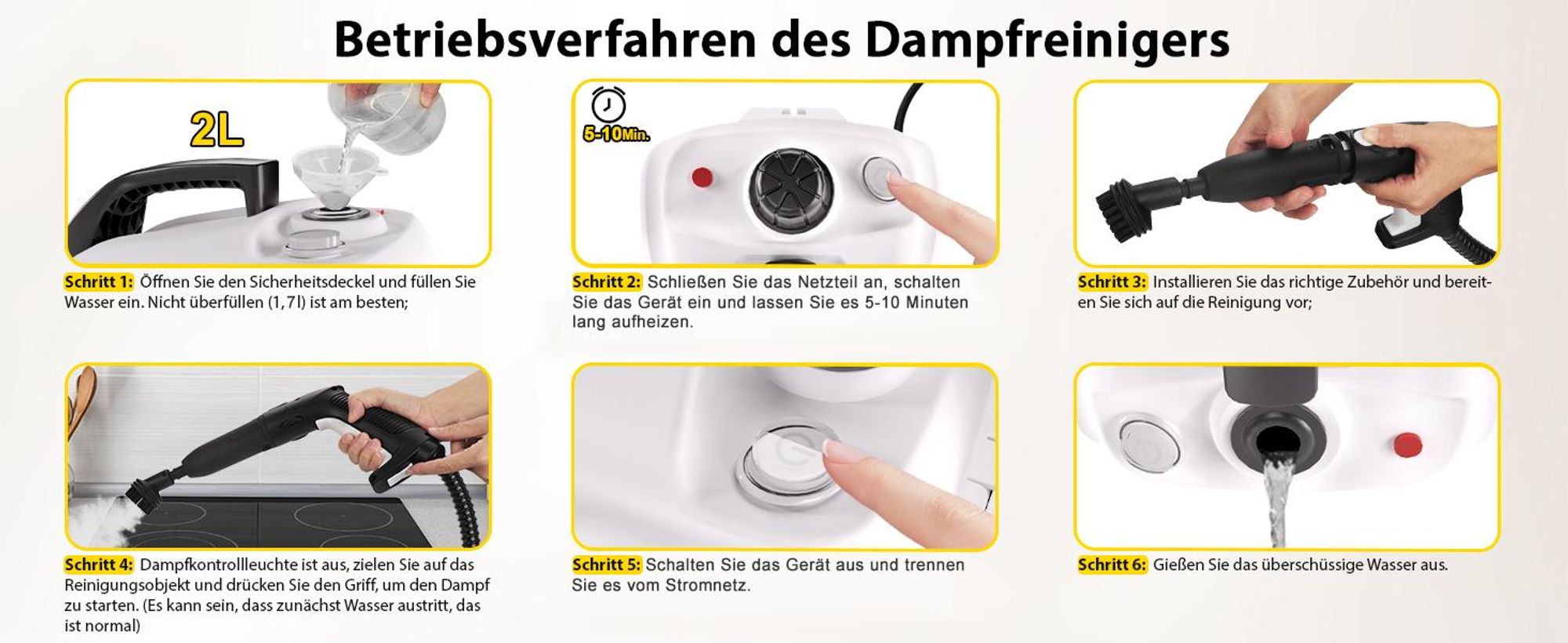Dampfreiniger 2000W, 5 bar Dampfdruck, 2L Tank, ca. 5-8 Min. Aufheizzeit, bis 160℃, 19 Zubehör, Dampfbesen für Teppiche, Fenster, Glas und Vorhänge