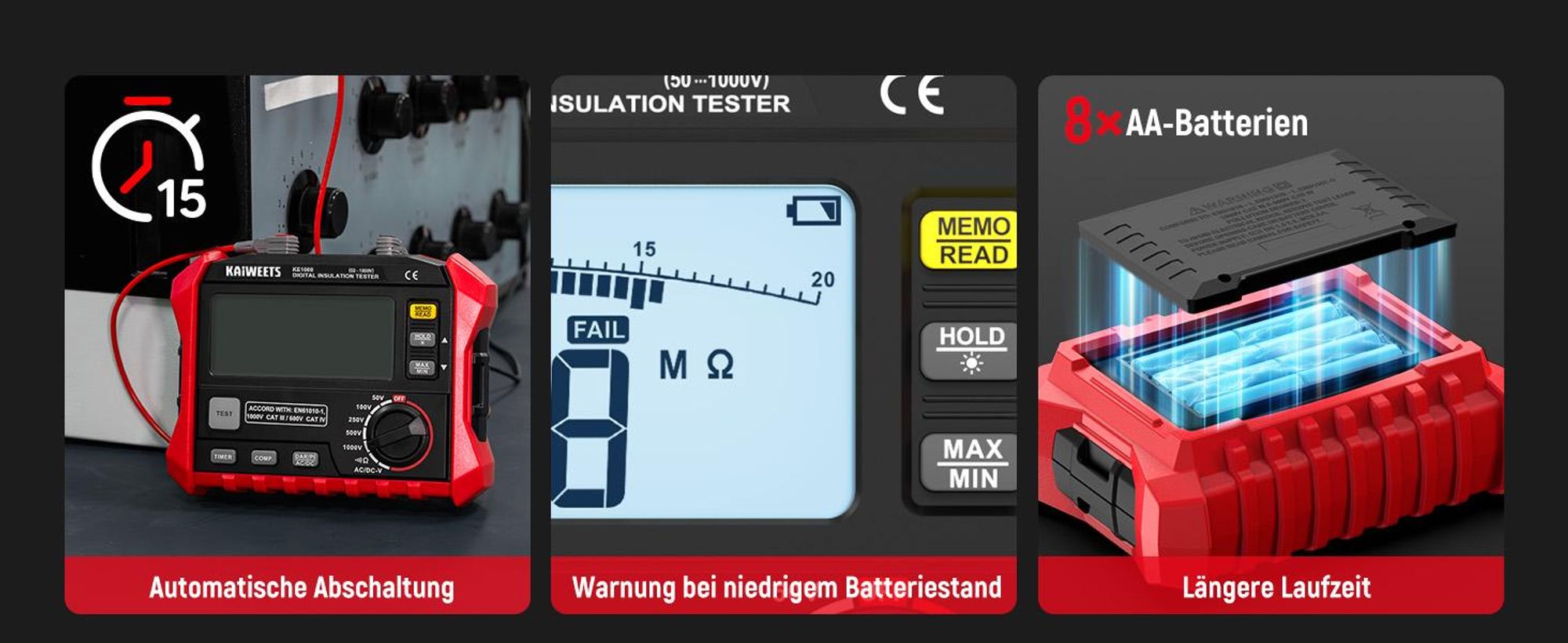 KAIWEETS KE1000 Megohmetro Tester Resistenza Isolamento 100GΩ 1000V