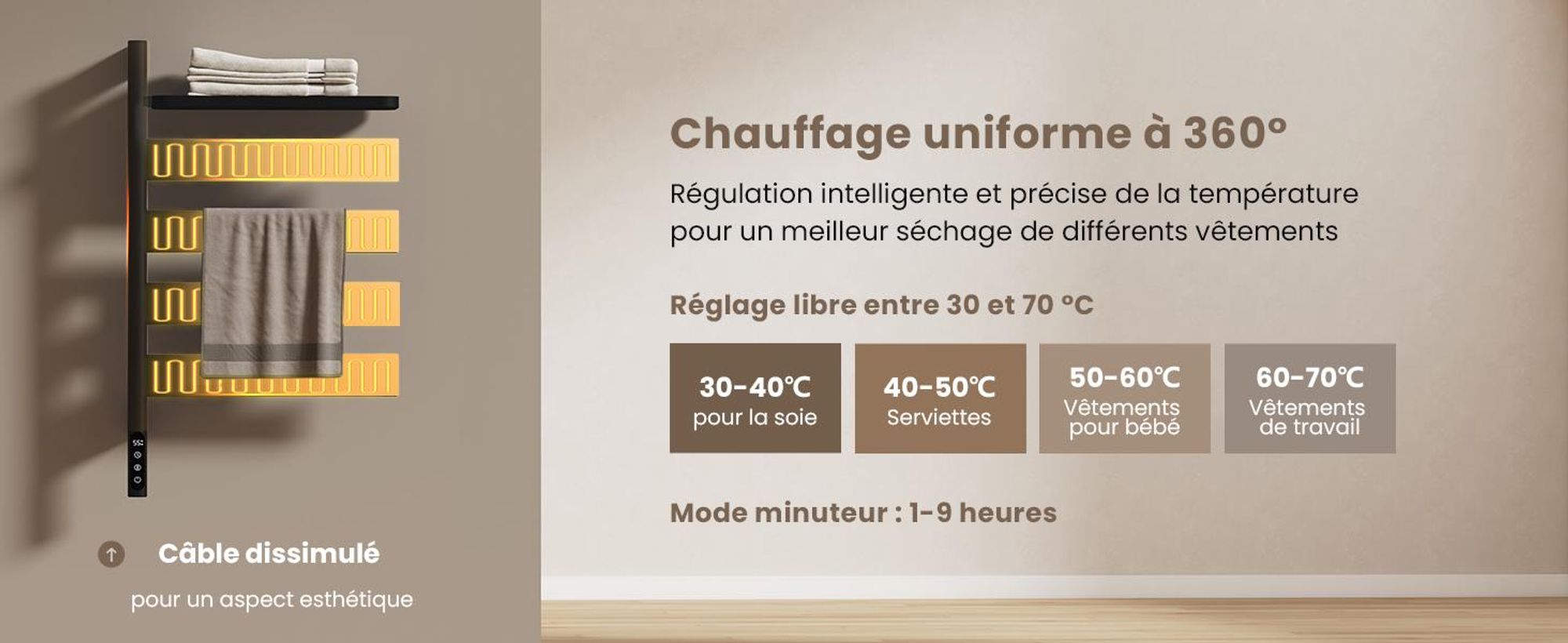 EMKE Sèche-serviettes électrique avec porte-serviettes pivotant et tablette, Thermostat WiFi,vocale, Minuterie, 76x45x14 cm noir