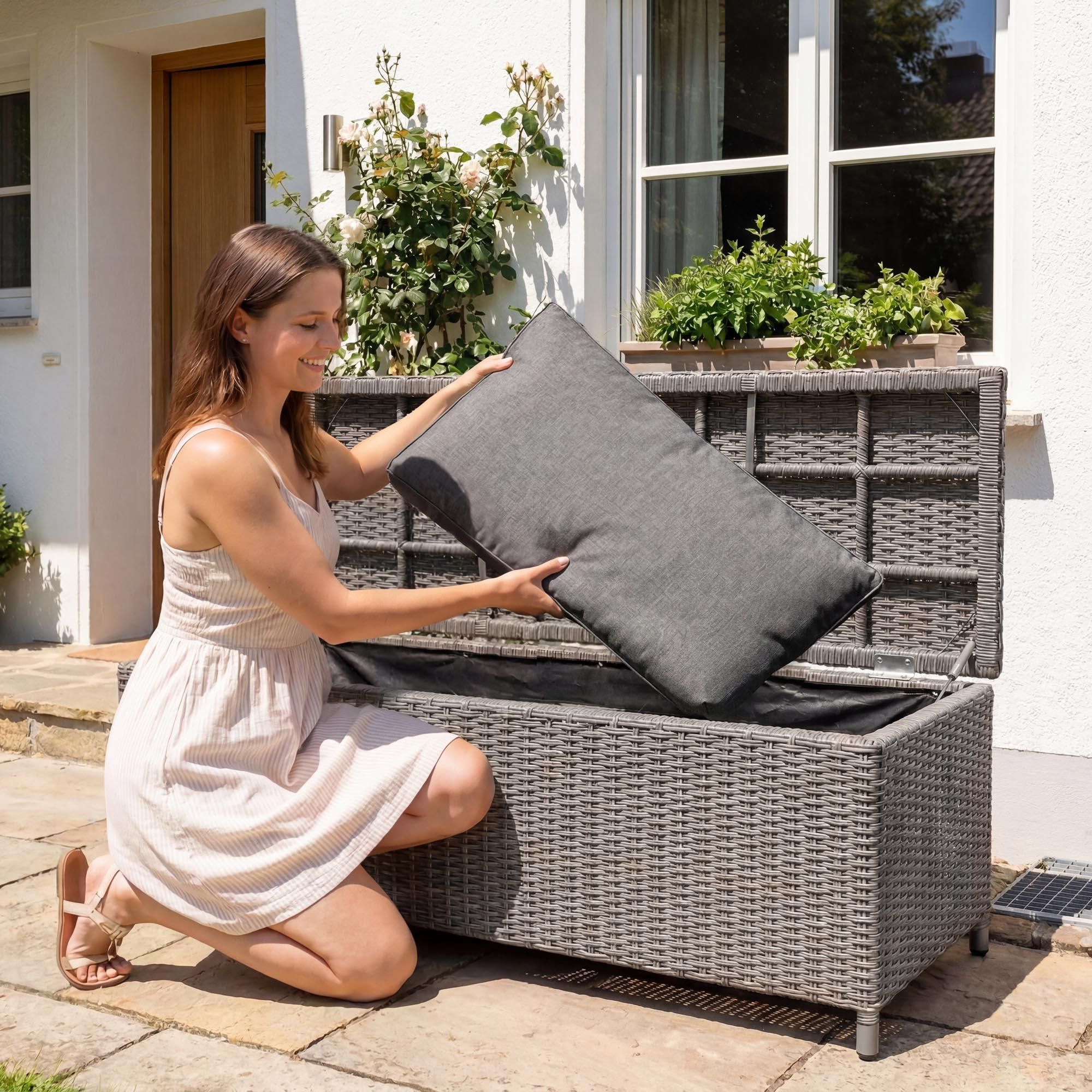 di volio Gartenbank Sitzbank Mit Stauraum Wetterfeste Truhenbank Grau 120 cm ARGENA