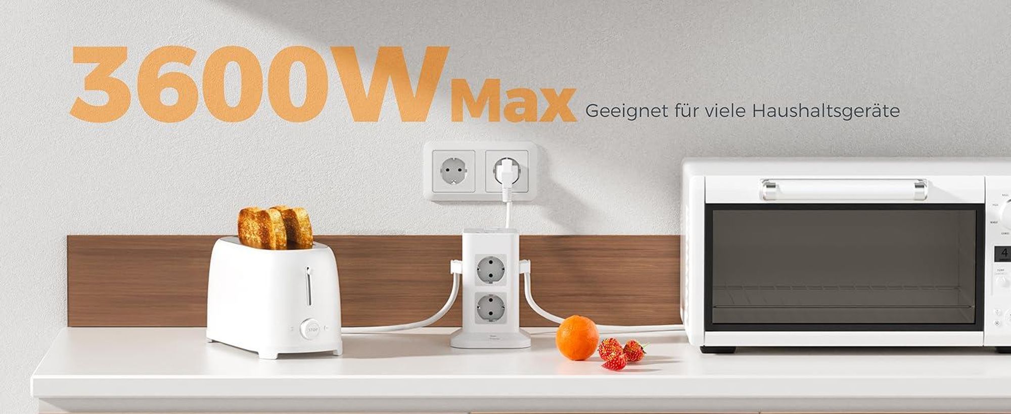 TESSAN 8 Fach Mehrfachsteckdose mit 2 USB C Verlängerungskabel 2M Steckdosenturm mit Schalter Grau 3600W
