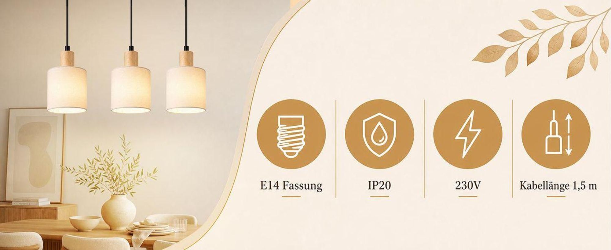 ZMH Pendelleuchte mit Stoffschirm 3 Flammig Holz Esstischlampe Vintage Hängeleuchte E14 Hängelampe für Wohnzimmer Restaurant Schlafzimmer Küche Weiß