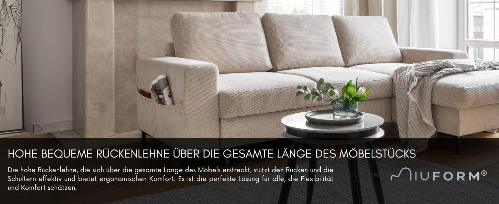 MIUFORM Lofty Lilly - Ecksofa mit Bettfunktion und Bettkasten L-FORM RECHTS - 236x148cm - Beige - Sofa Schlafsofa Couch