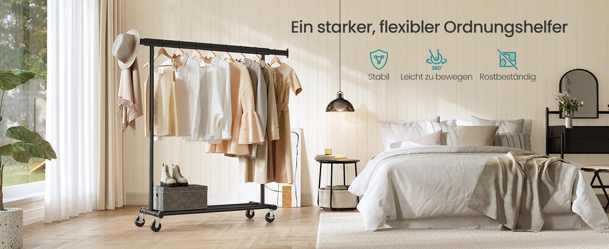 SONGMICS Kleiderständer Garderobenständer auf Rollen bis 90 kg belastbar