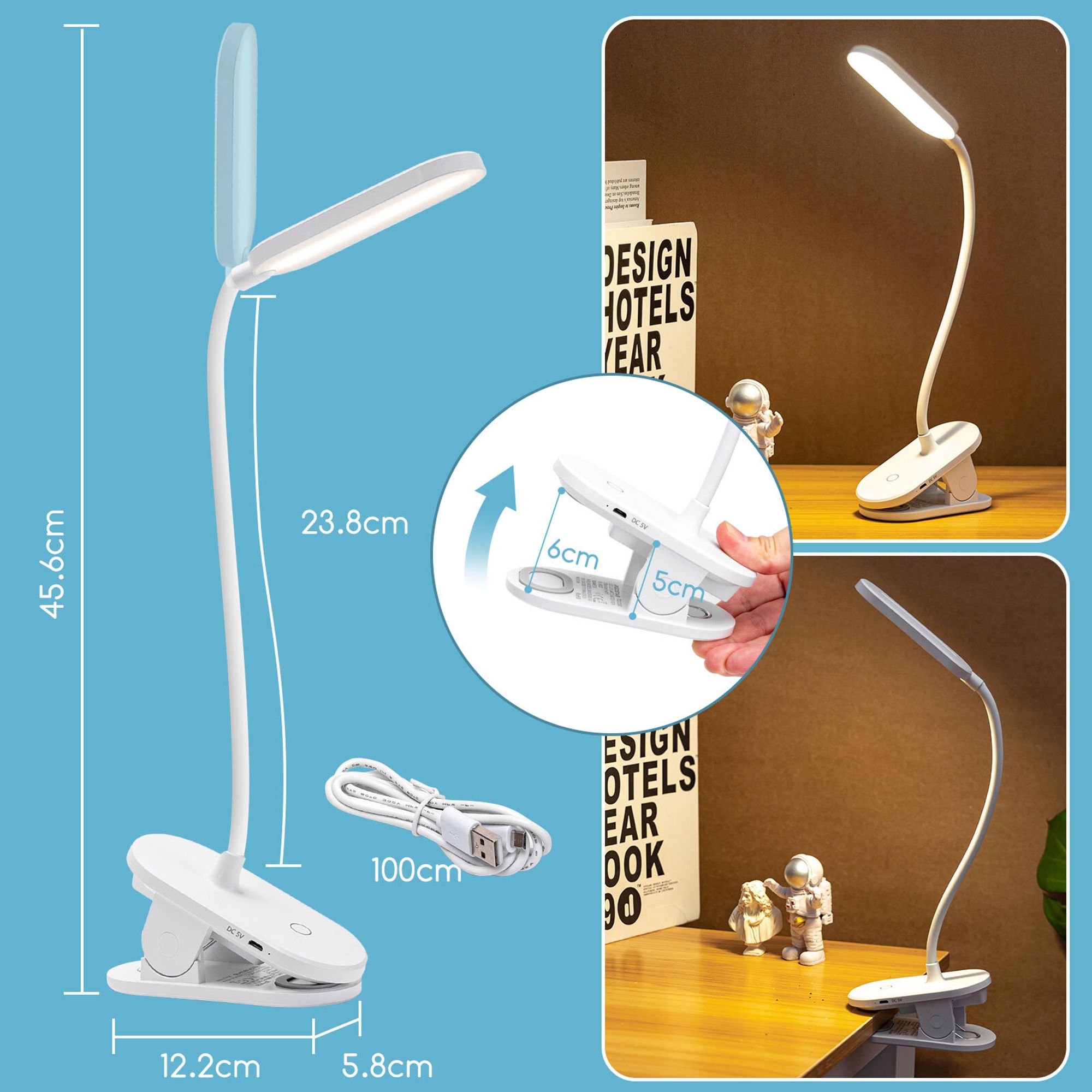 Aigostar LED Leselampe Bett, Dimmbarem Klemmlampe mit 360° Verstellbarem Flexiblem Arm, Wiederaufladbare USB-Leselampe mit 3 Helligkeitsmodi ,4000K
